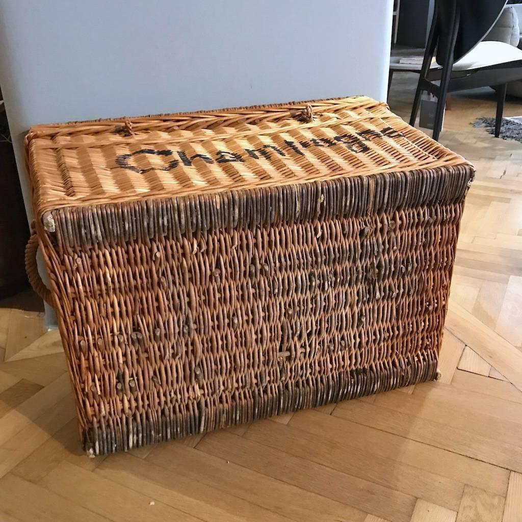 Hand-Woven Large Champagne Wicker Basket Trunk, 1930s, France