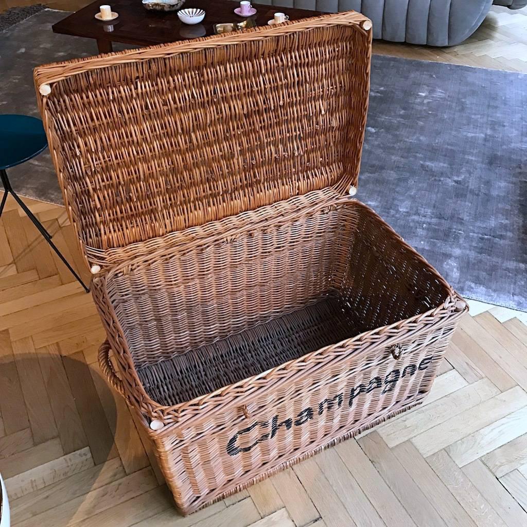 Mid-20th Century Large Champagne Wicker Basket Trunk, 1930s, France