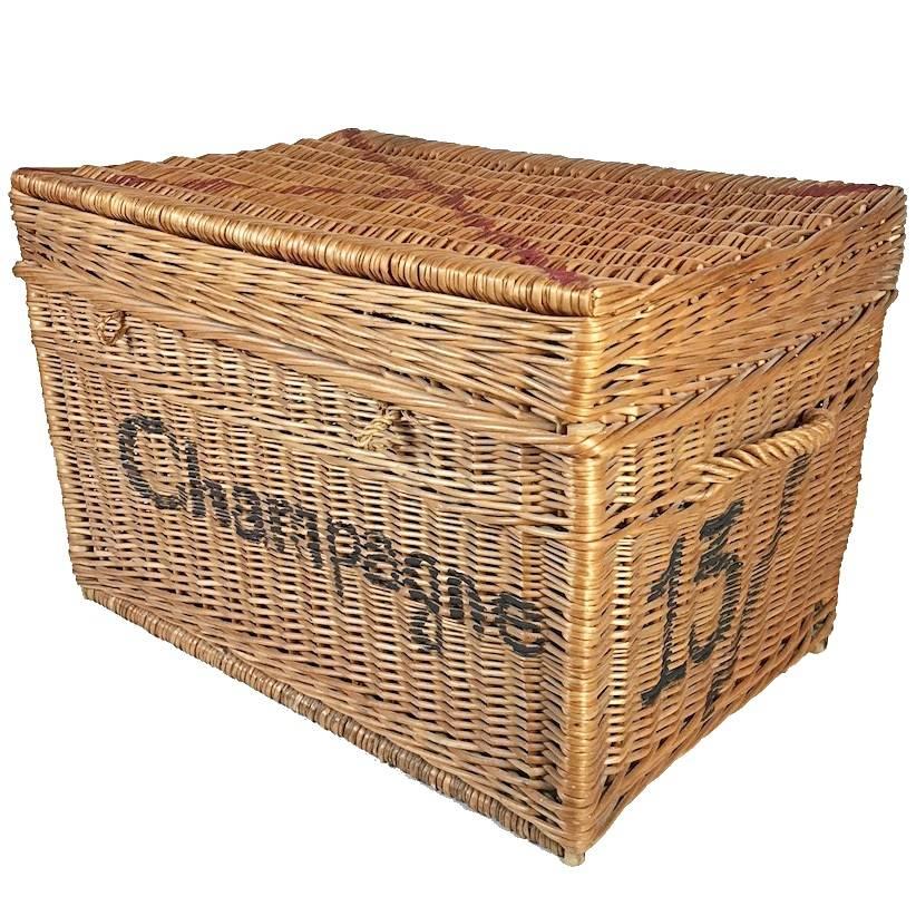 Large Champagne Wicker Basket Trunk, 1930s, France