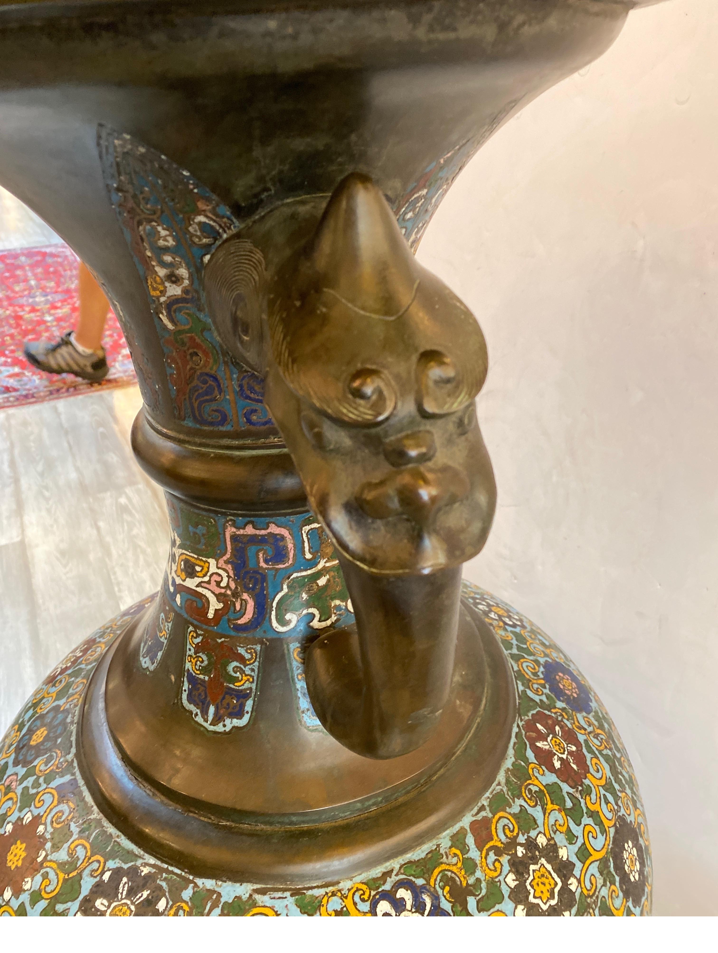 Patinated Large Champlevé Asian Bronze Palace Vase