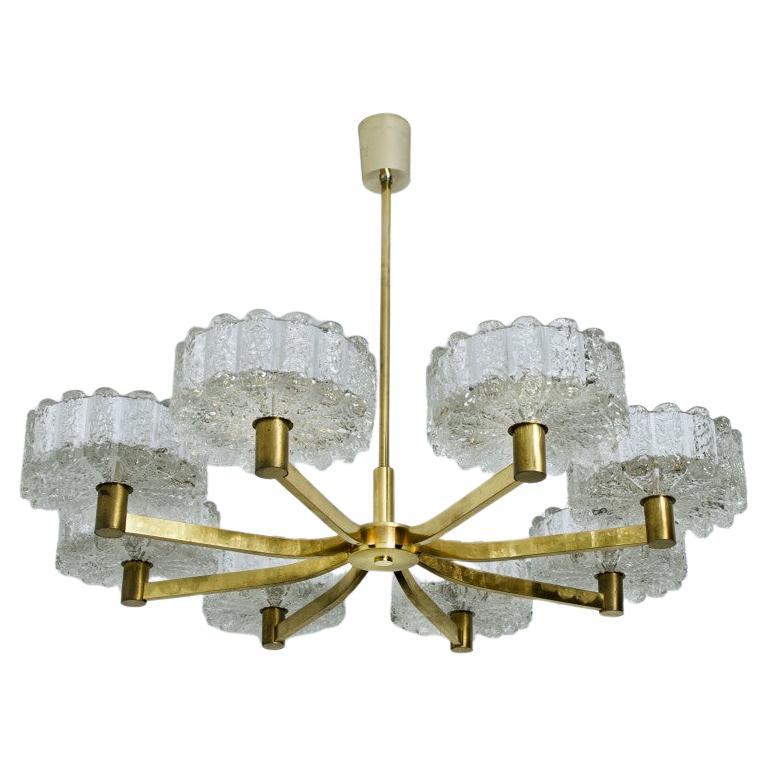 Large Chandelier 8 Icicle Glass Shades and Brass, circa 1960s For Sale