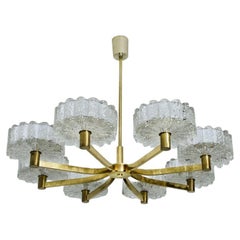 Large Chandelier 8 Icicle Glass Shades and Brass, circa 1960s