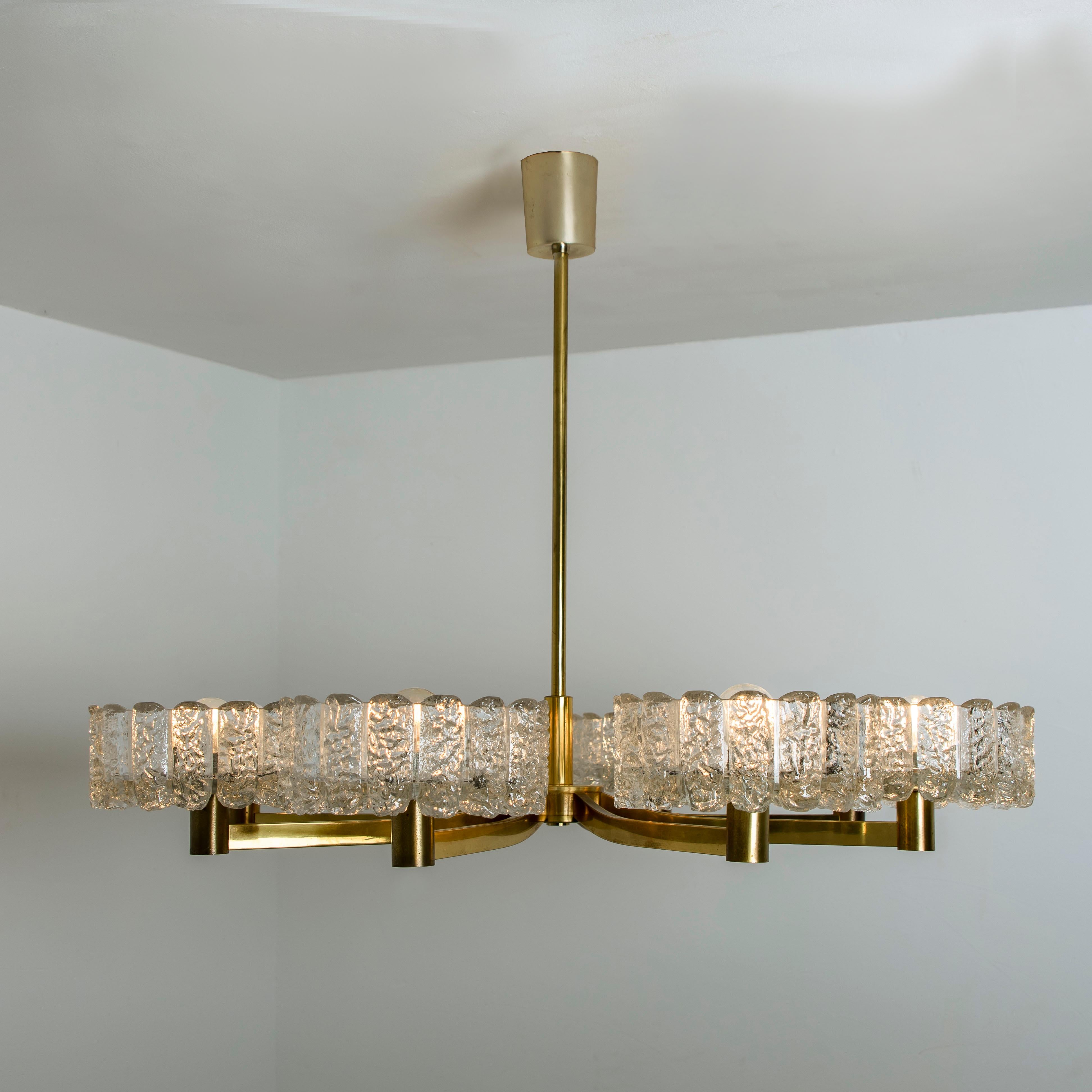 Large Chandelier 8 Icicle Glass Shades and Brass, Doria, circa 1960s 9