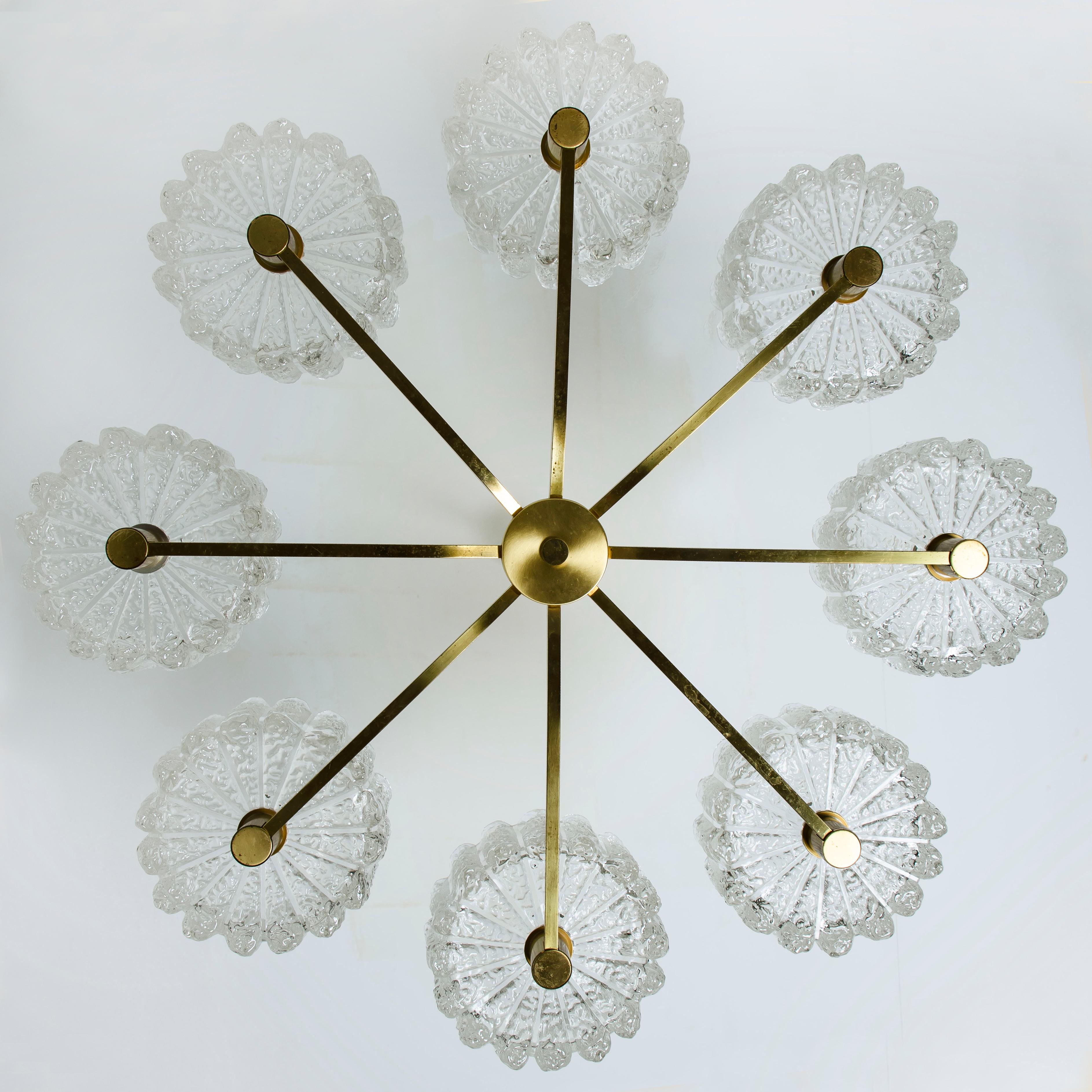 Large Chandelier 8 Icicle Glass Shades and Brass, Doria, circa 1960s 10