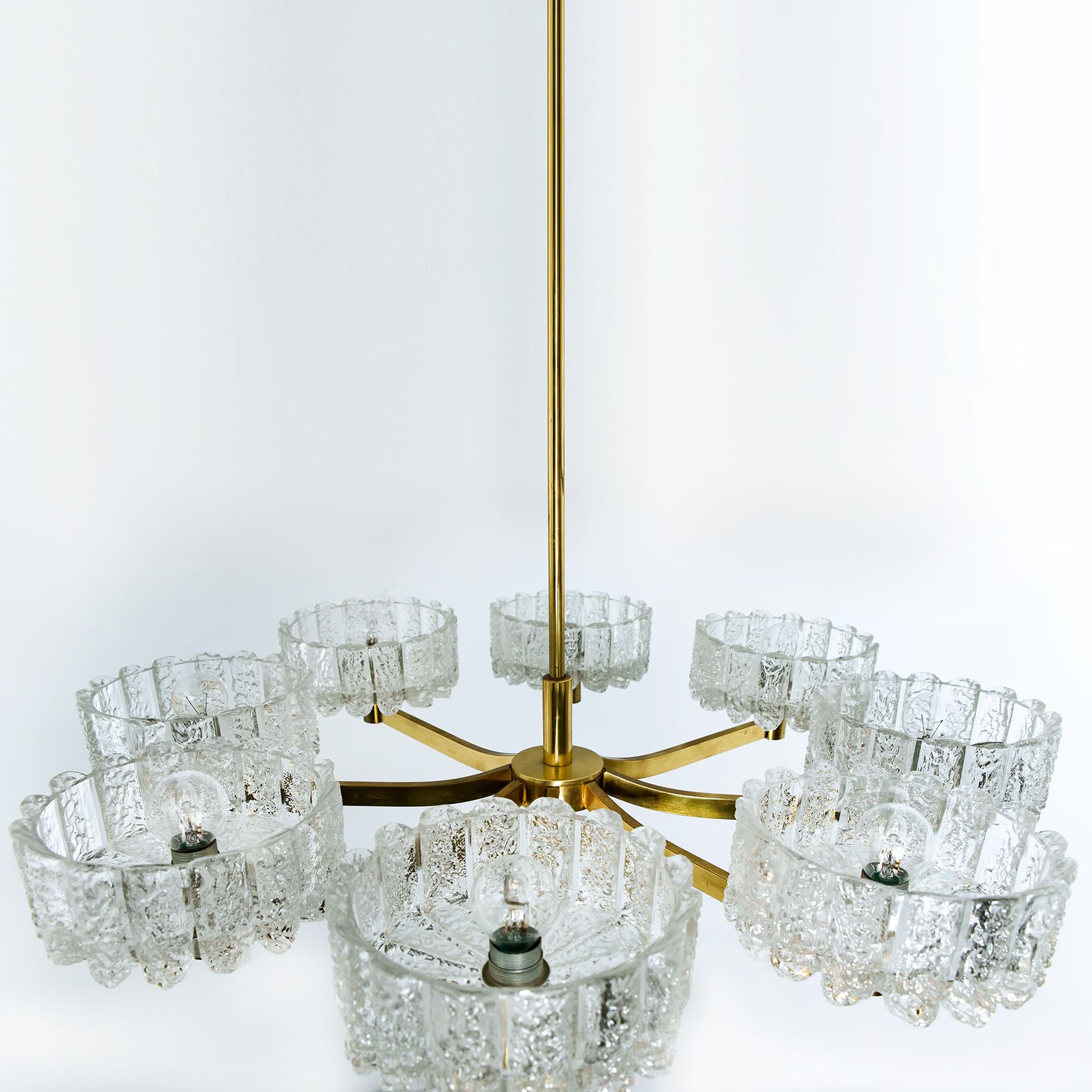 Large Chandelier 8 Icicle Glass Shades and Brass, Doria, circa 1960s 11