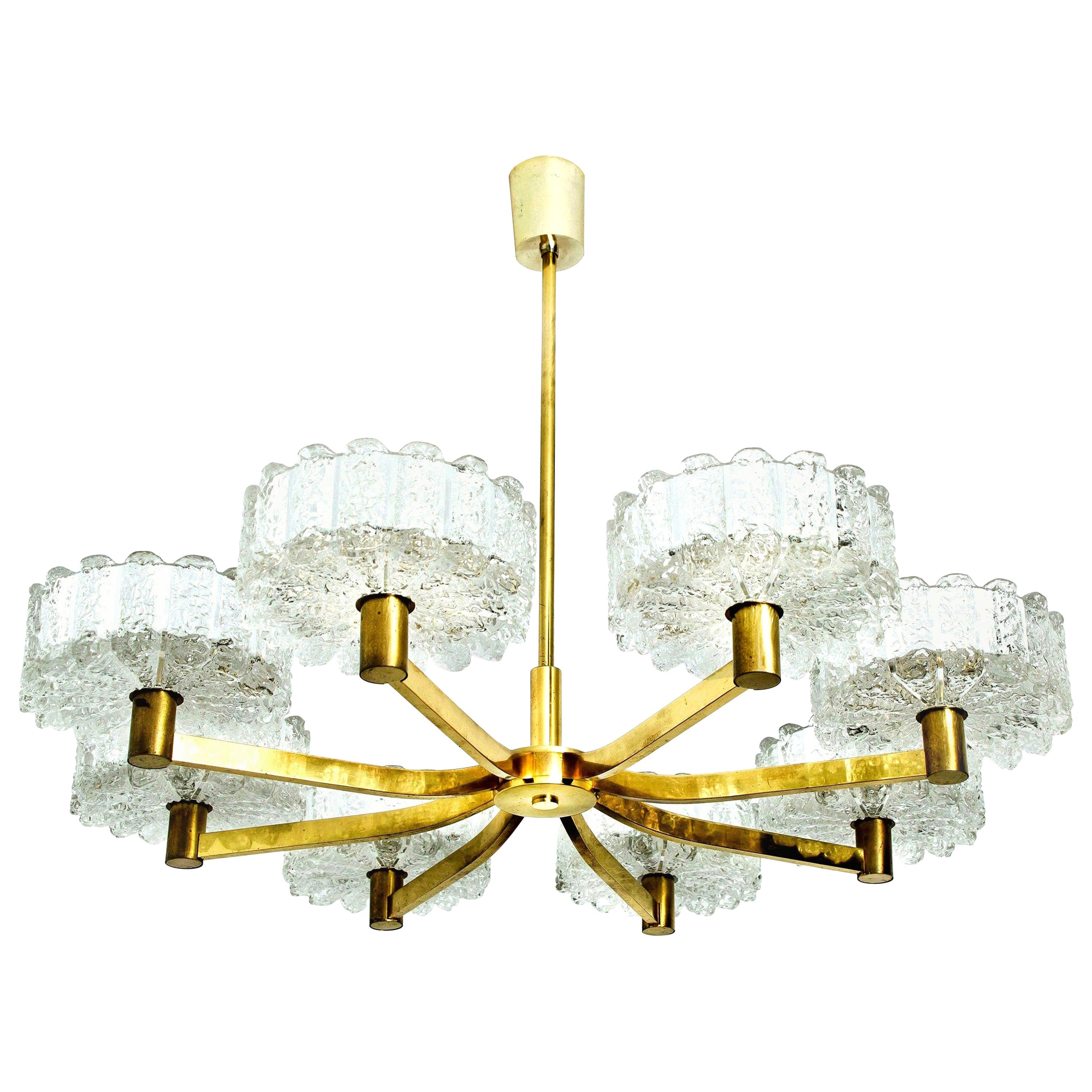 Large Chandelier 8 Icicle Glass Shades and Brass, Doria, circa 1960s