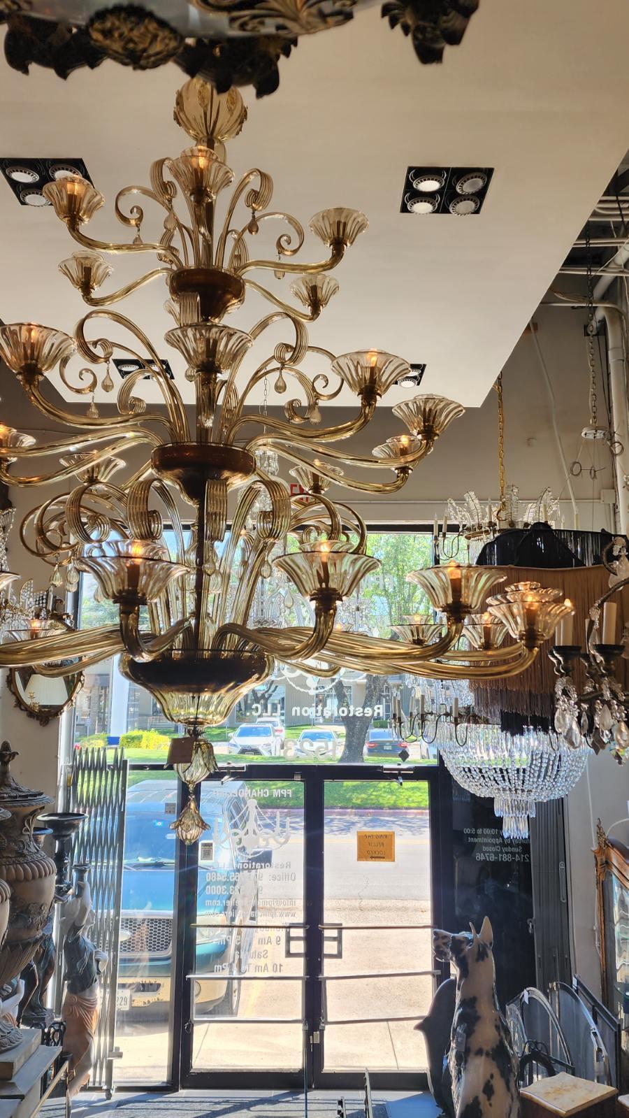 Questo annuncio presenta un lampadario in vetro a 32 luci. Lo stile di questo lampadario si ispira al marchio Barvovier e Toso, un moderno marchio francese specializzato in lampadari in vetro soffiato di Murano in stile barocco, con bracci