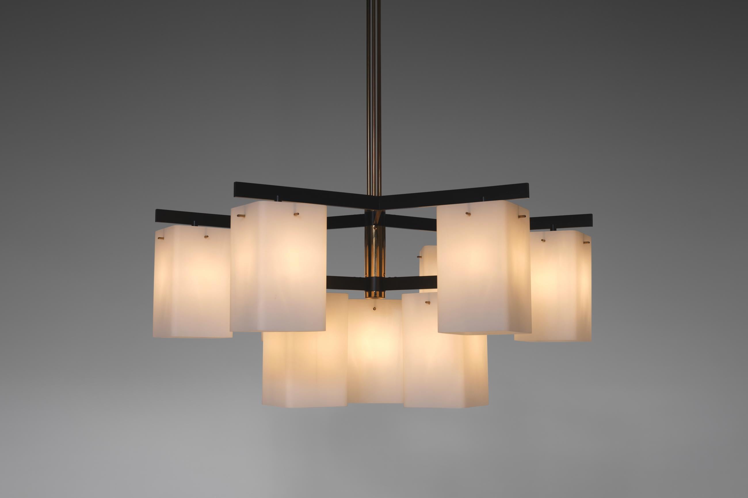 Spectacular chandelier by Bruno Gatta Stilnovo, Italy 1950's. The chandelier is made from a strong solid brass frame, the arms are finished in a Matt black lacquer and it has eight matt opal glass shades, all from a very high quality. The