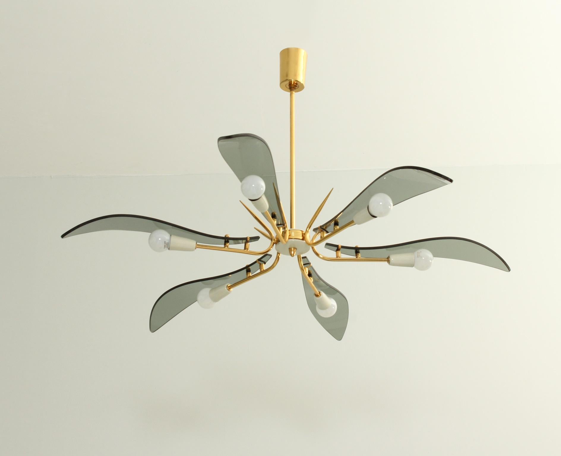 Large chandelier attributed to Fontana Arte, Italy, 1950's. Six petals in smoked glass and brass and lacquered metal structure.