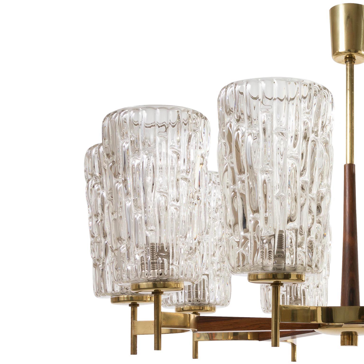 Austrian Pair of Large Chandeliers by Rupert Nikoll, Brass Wood and Glass, Austria, 1960