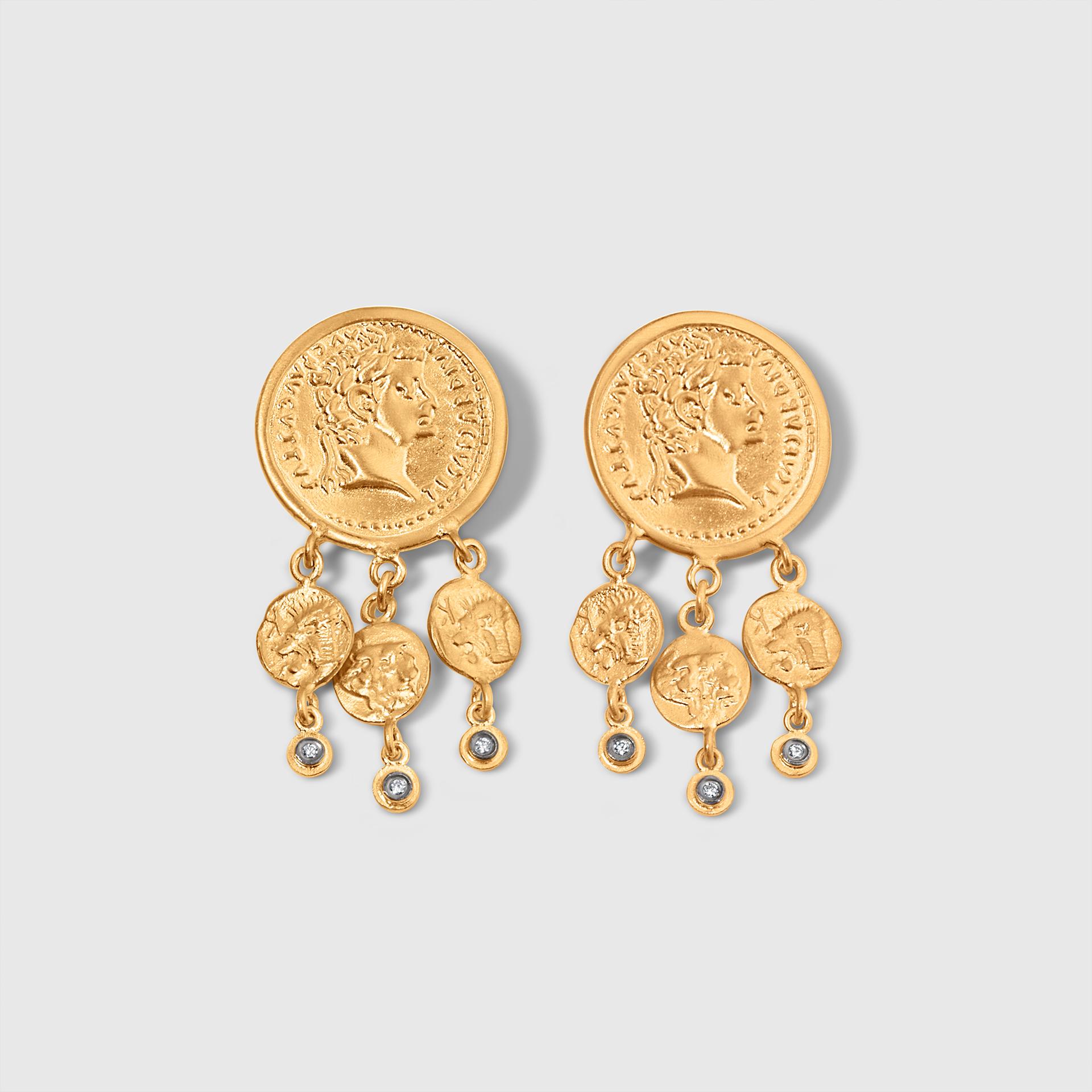 Round Cut Large Chandelier Byzantine Coin Earrings with Diamonds, 24k Gold and Silver For Sale