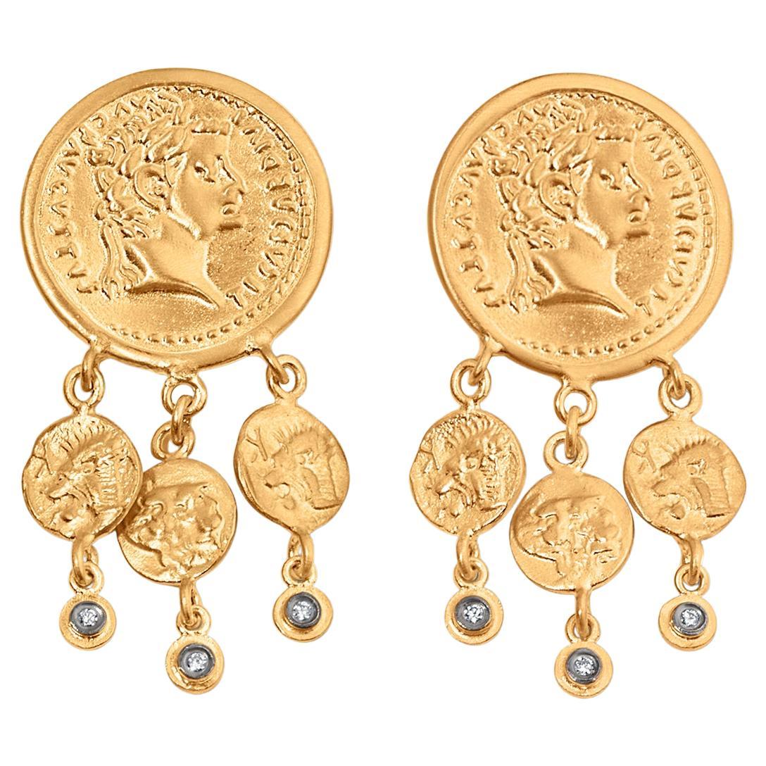 Large Chandelier Byzantine Coin Earrings with Diamonds, 24k Gold and Silver For Sale