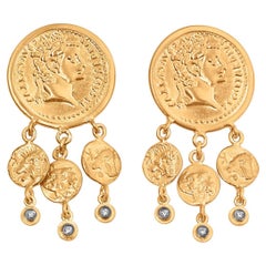 Large Chandelier Byzantine Coin Earrings with Diamonds, 24k Gold and Silver