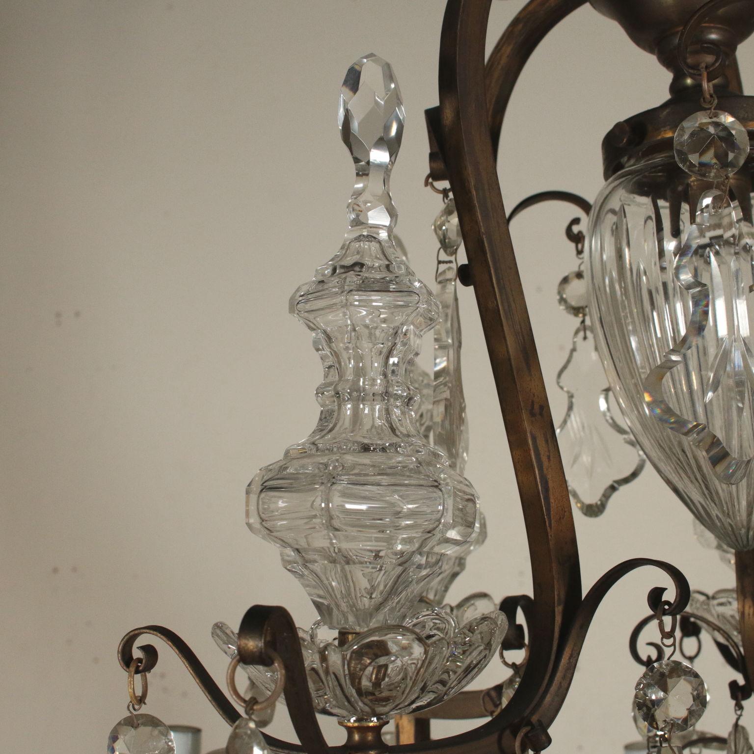 Brass Large Chandelier Crystal Pendants Italy, Early 1900s