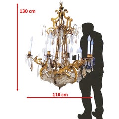 Grand lustre H130cm, bronze et cristal, début du 20e siècle