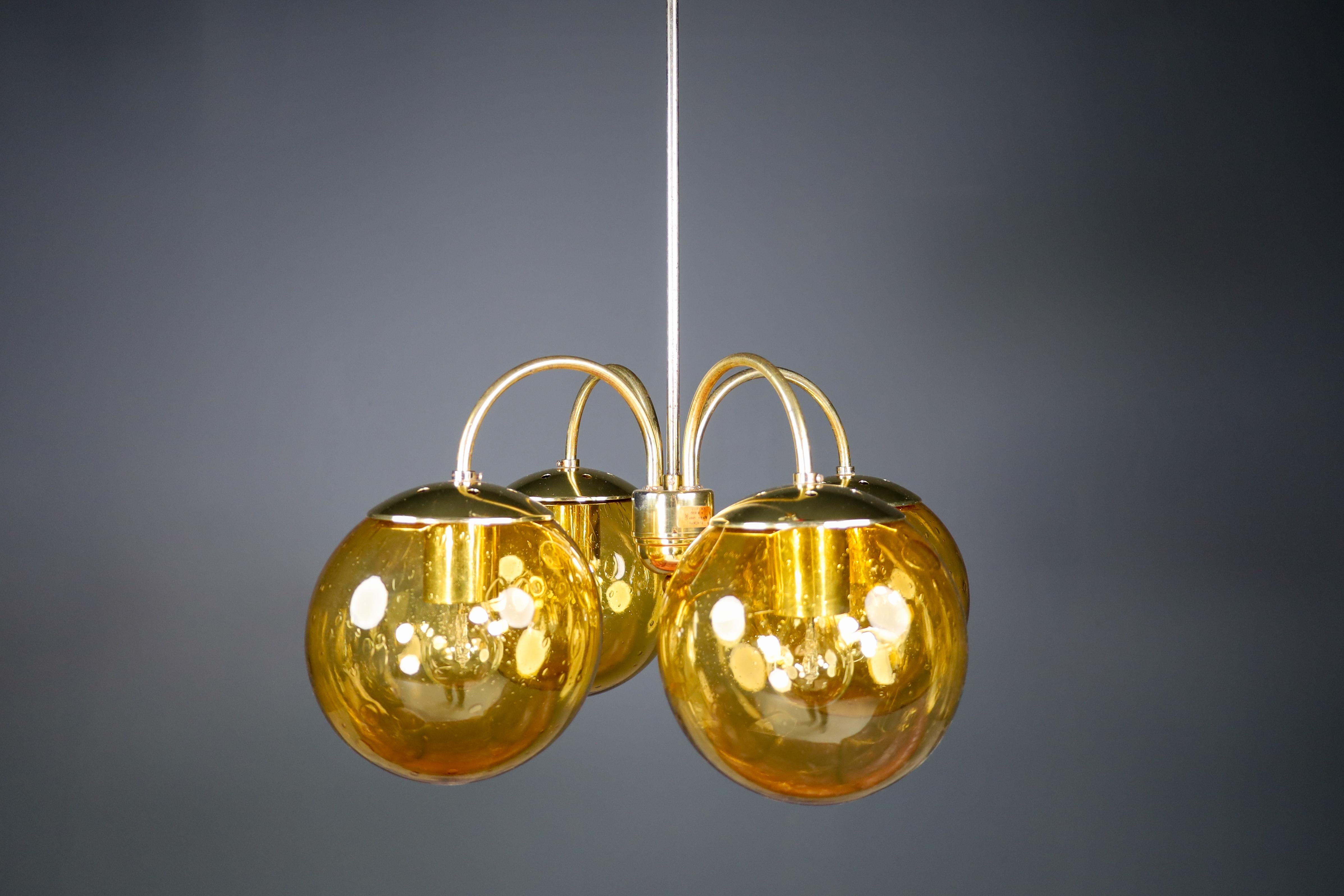 Large Chandelier in Amber Hand Blown Colored Glass Globes & Brass, Europe, 1970s For Sale 4