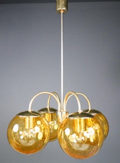 Large Chandelier in Amber Hand Blown Colored Glass Globes & Brass, Europe, 1970s