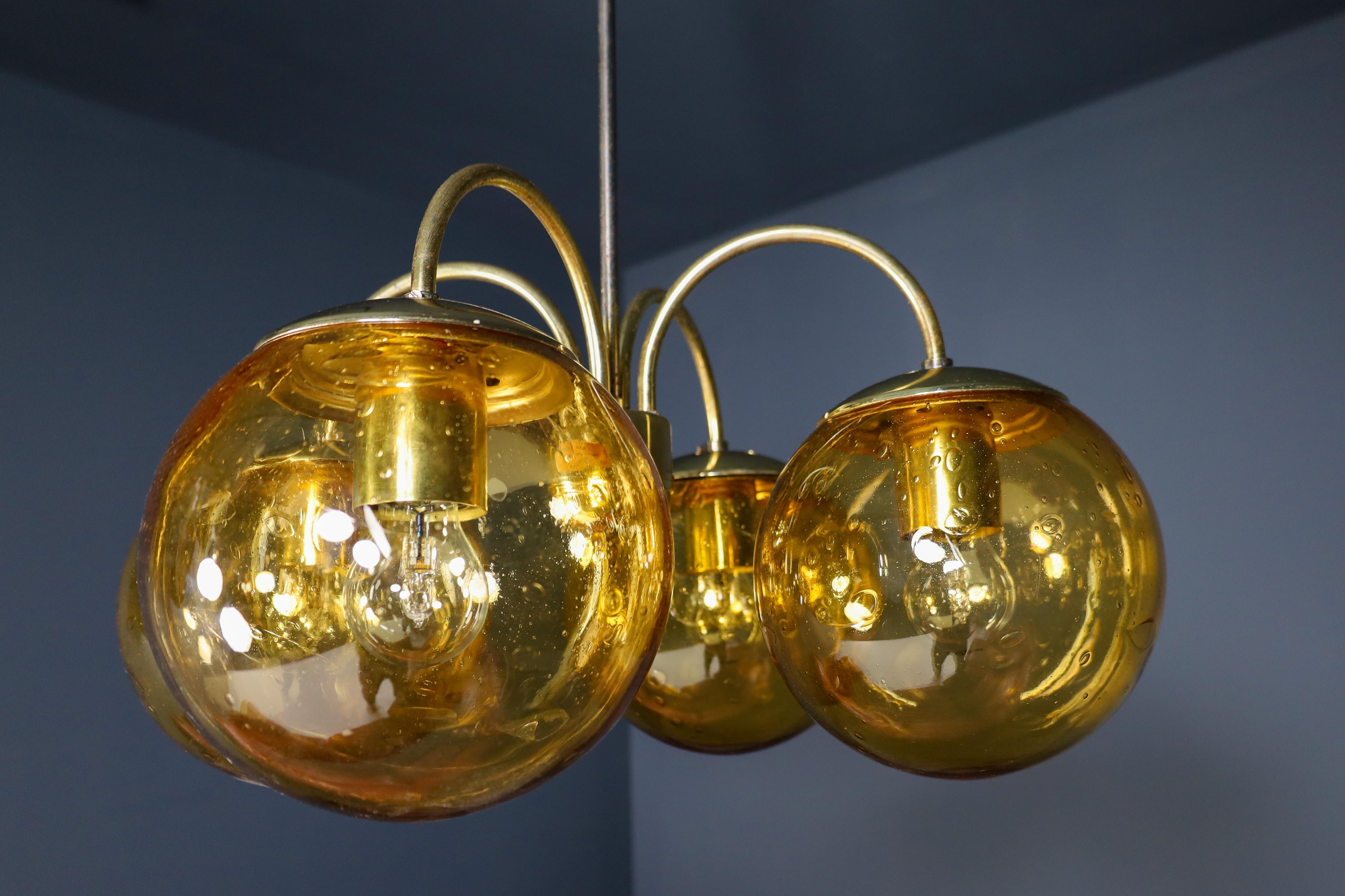 Mid-Century Modern Large Chandelier in Amber Hand Blown Colored Glass Globes & Brass, Europe, 1970s For Sale
