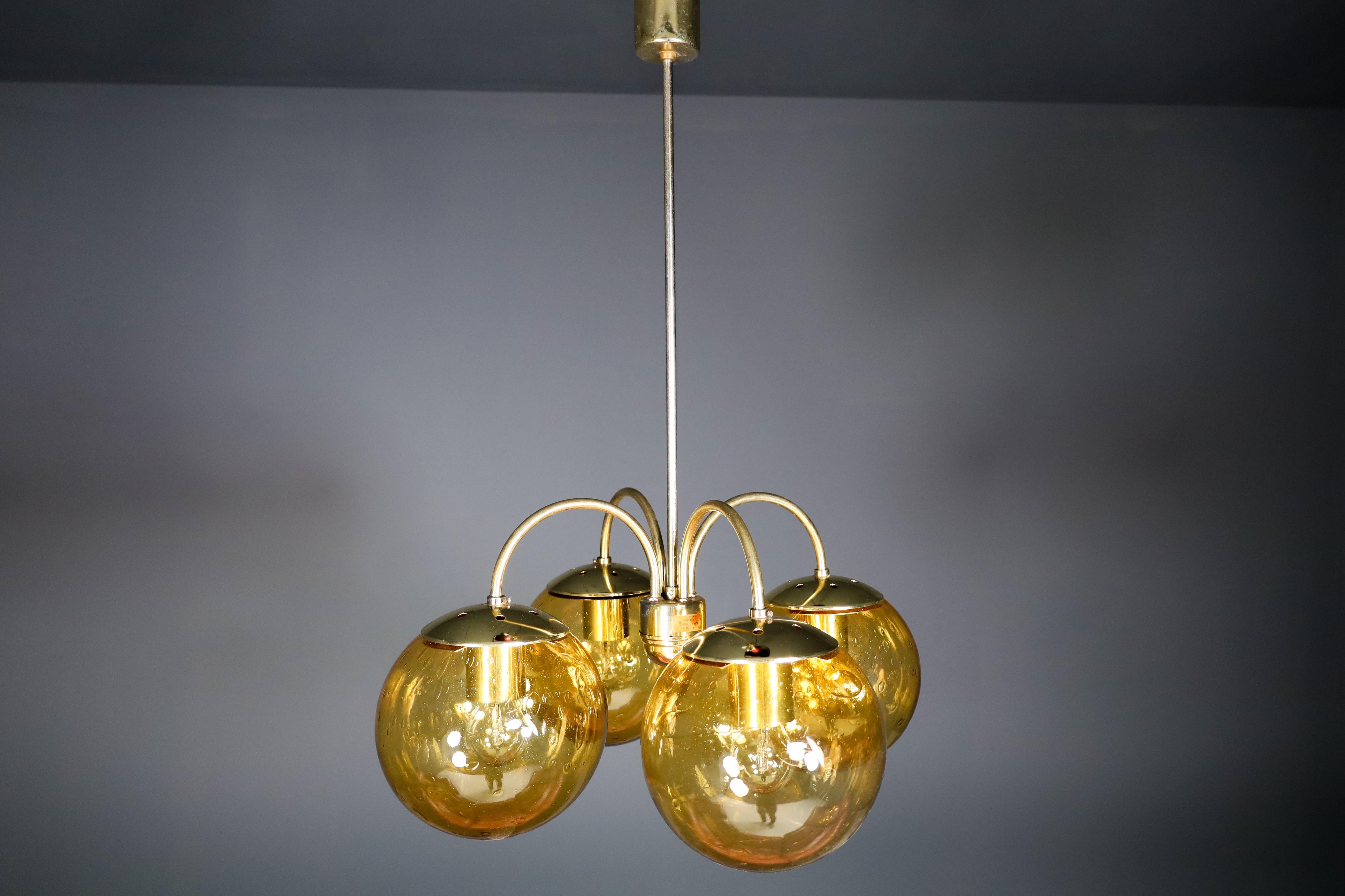 Czech Large Chandelier in Amber Hand Blown Colored Glass Globes & Brass, Europe, 1970s For Sale