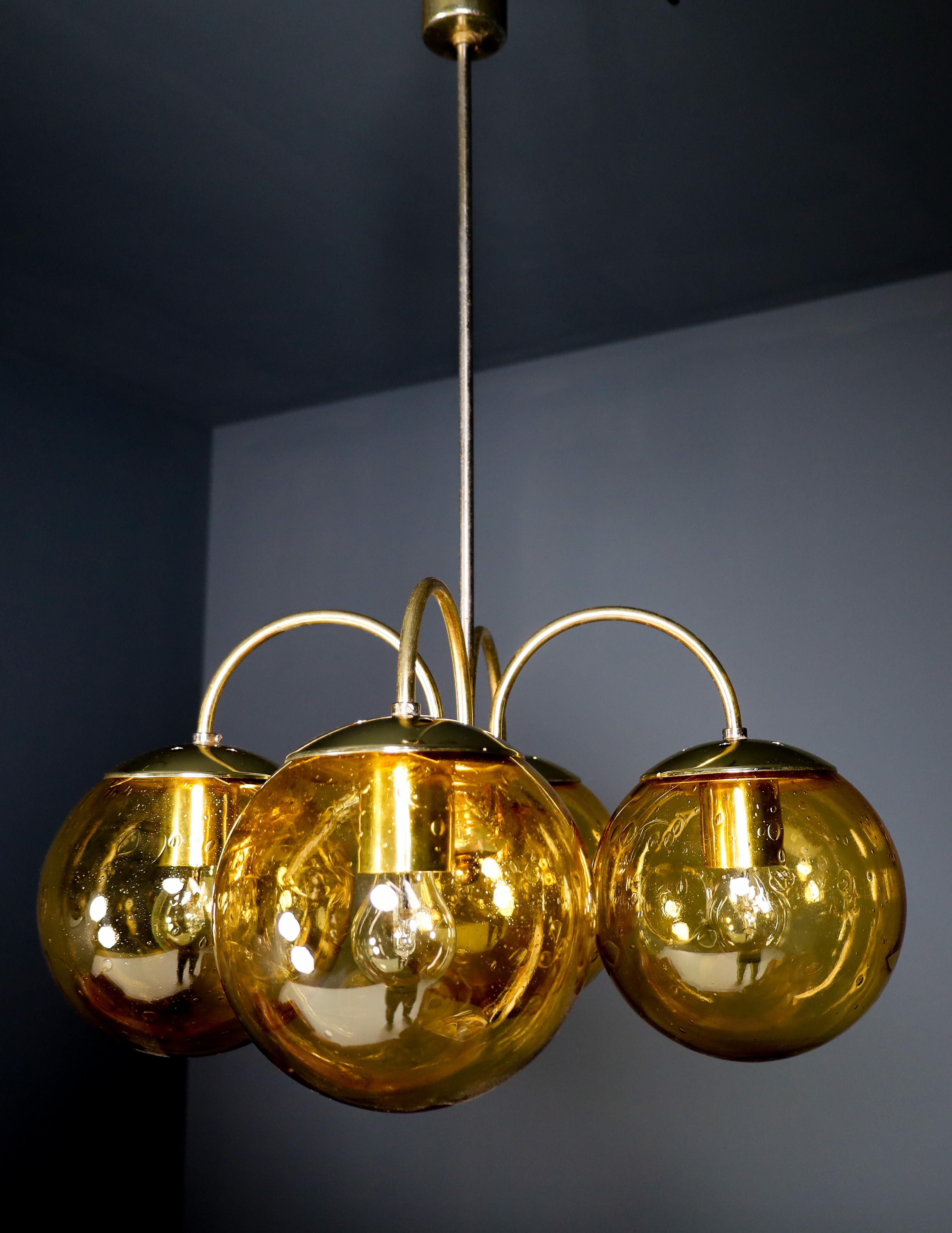 Large Chandelier in Amber Hand Blown Colored Glass Globes & Brass, Europe, 1970s In Good Condition For Sale In Almelo, NL