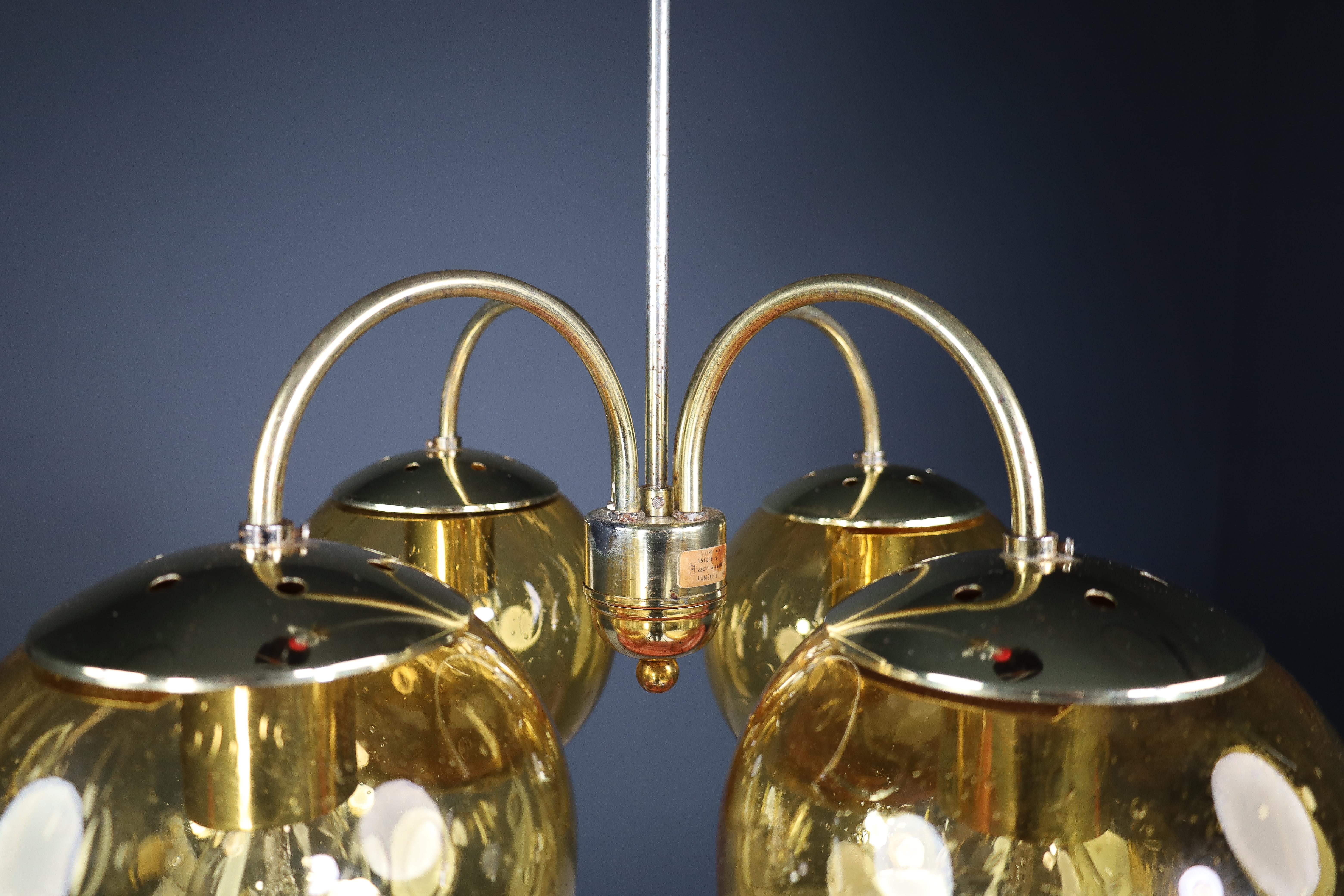 20th Century Large Chandelier in Amber Hand Blown Colored Glass Globes & Brass, Europe, 1970s For Sale