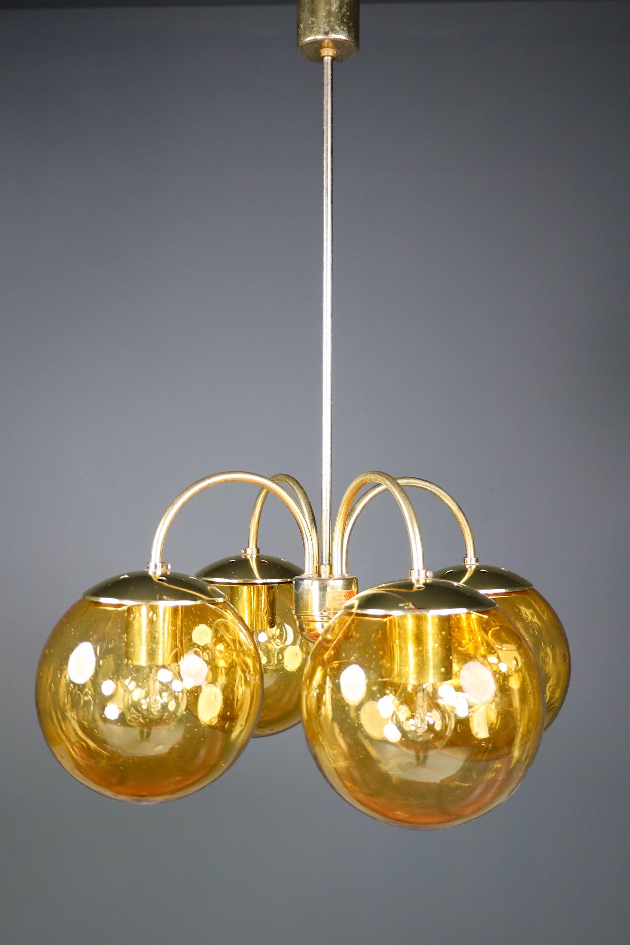 Large Chandelier in Amber Hand Blown Colored Glass Globes & Brass, Europe, 1970s For Sale 1