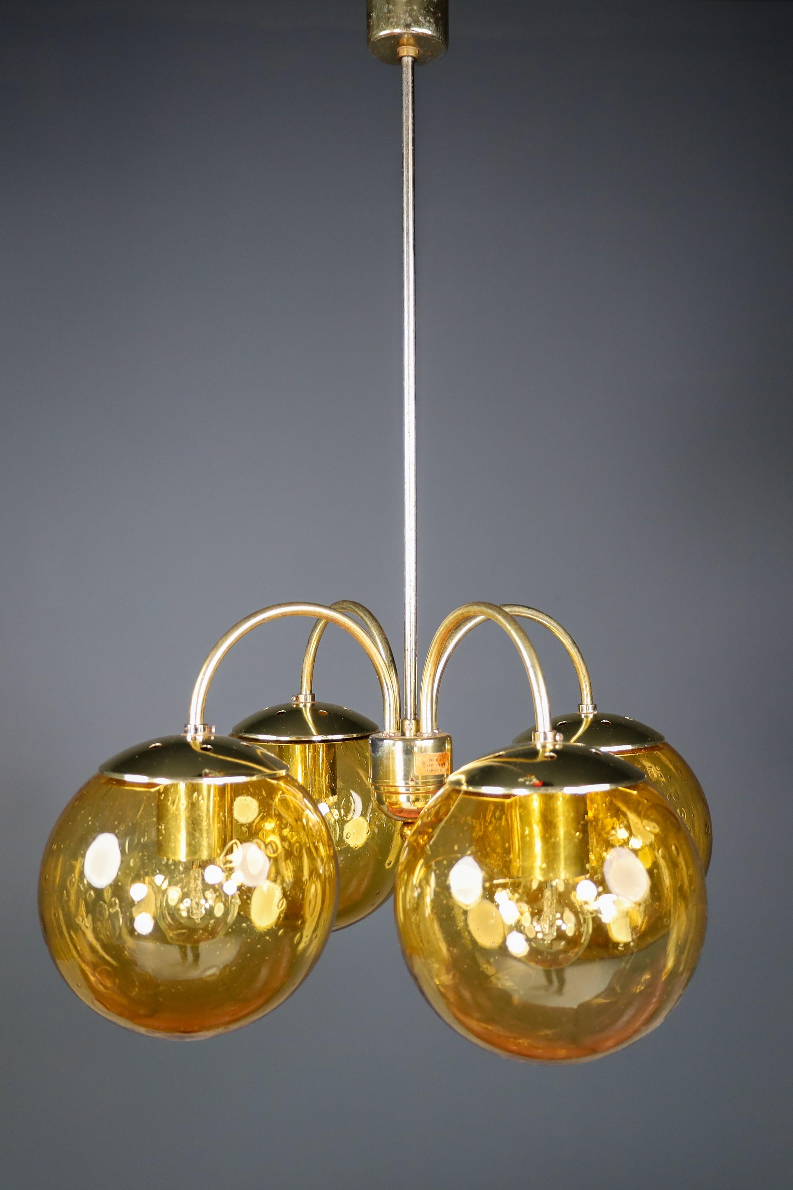 Large Chandelier in Amber Hand Blown Colored Glass Globes & Brass, Europe, 1970s For Sale 2