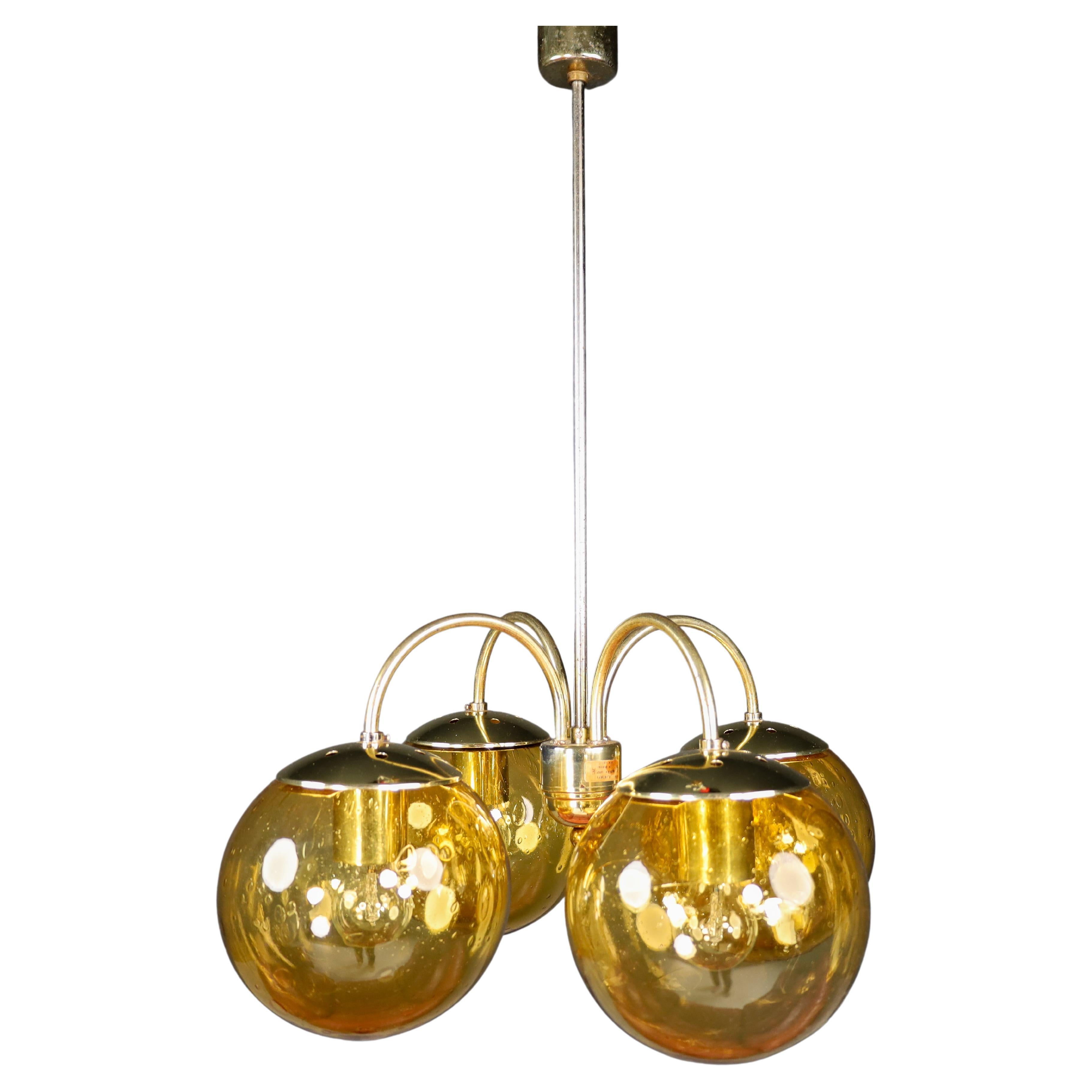 Large Chandelier in Amber Hand Blown Colored Glass Globes & Brass, Europe, 1970s For Sale