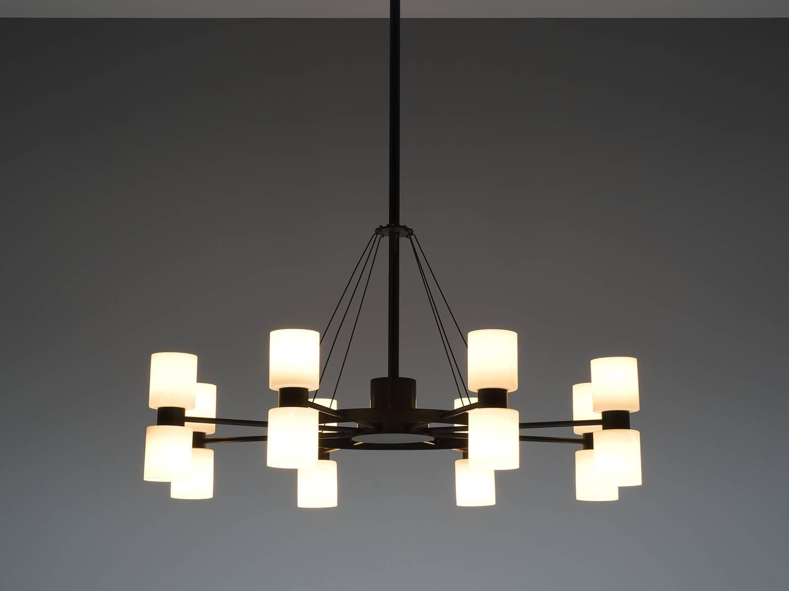Mid-Century Modern Large Chandelier in Black Metal and Opaline Glass