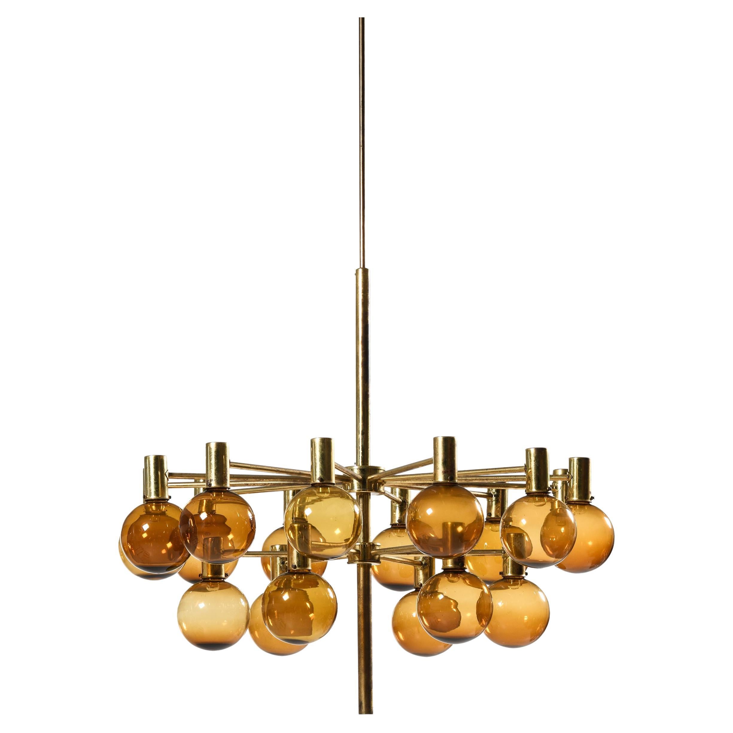 Large Chandelier in Brass and Amber Glass by Hans-Agne Jakobsson, 1950's