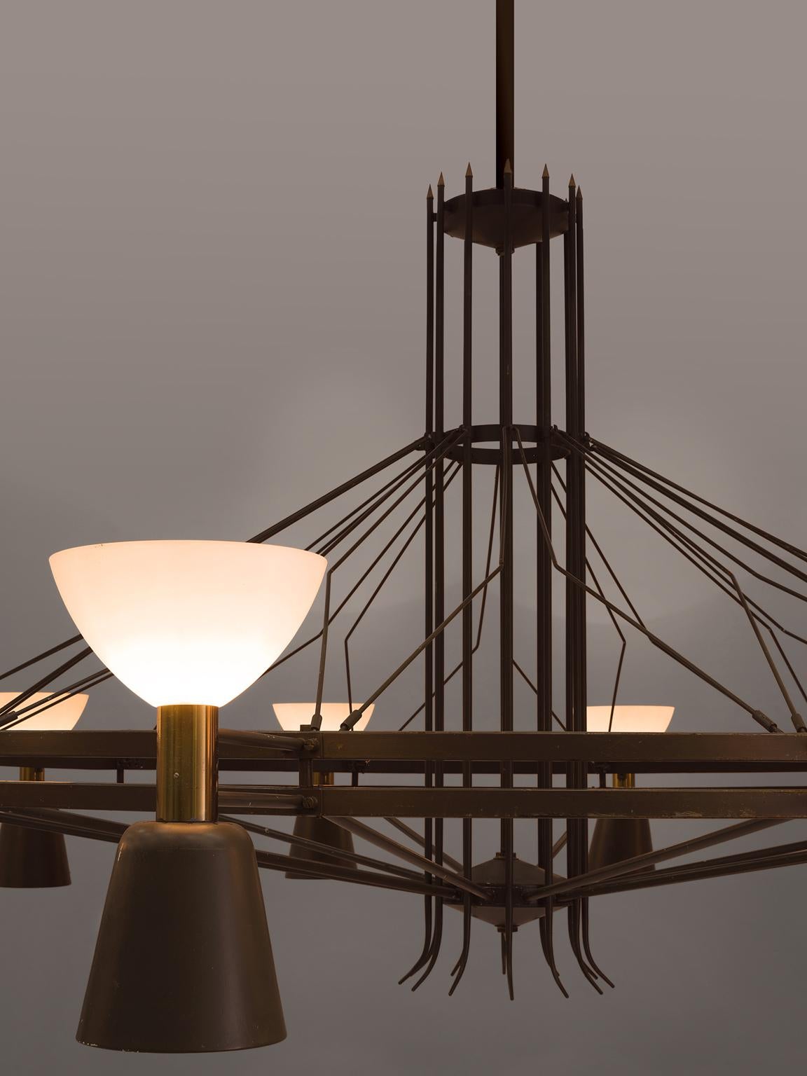 Mid-Century Modern Large Chandelier in Brass and Opaline Glass