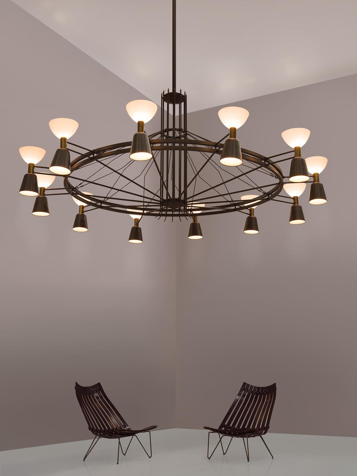 Large Chandelier in Brass and Opaline Glass 1