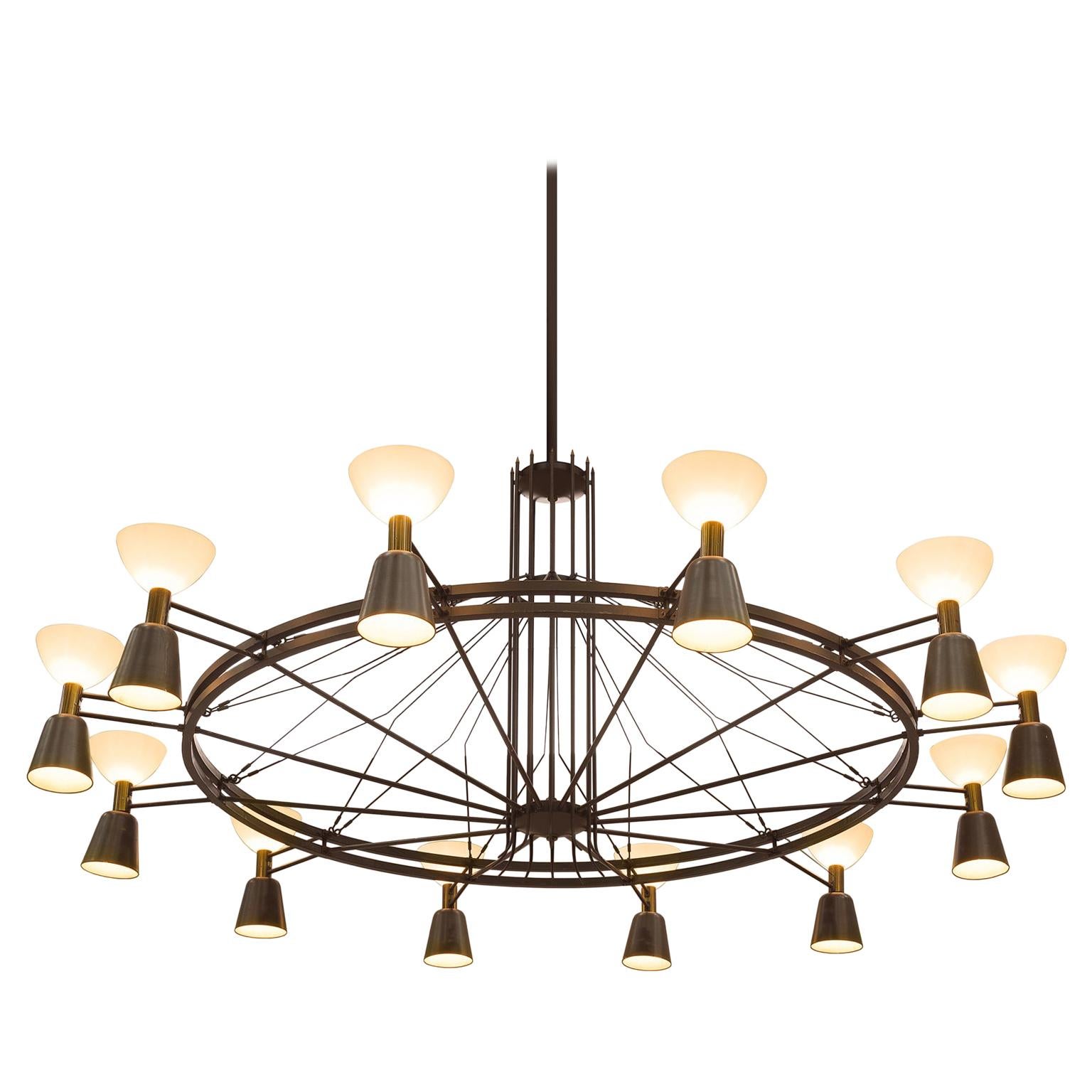 Large Chandelier in Brass and Opaline Glass