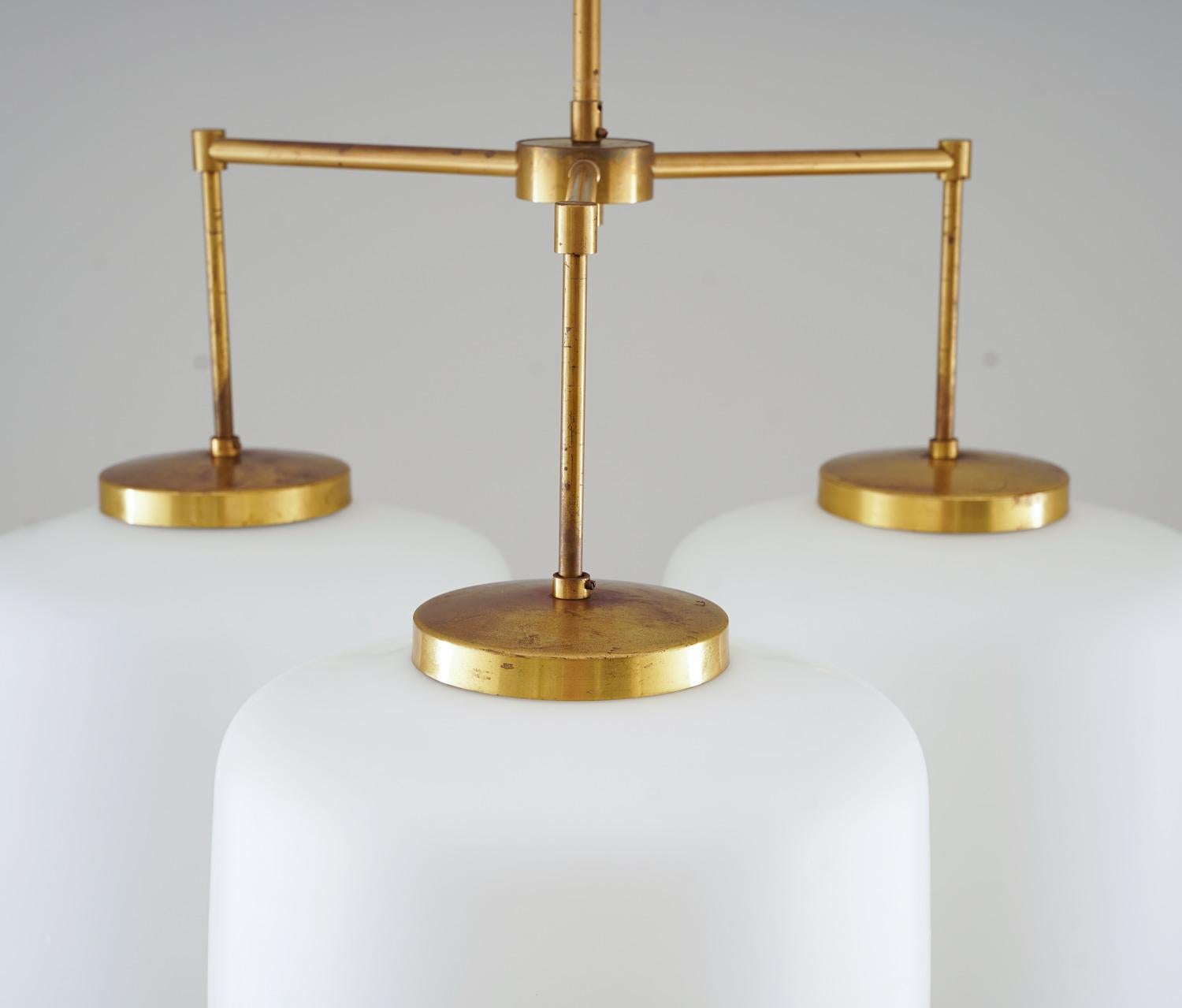 Norwegian Large Chandelier in Brass and Opaline Glass by Høvik Lys, Norway For Sale