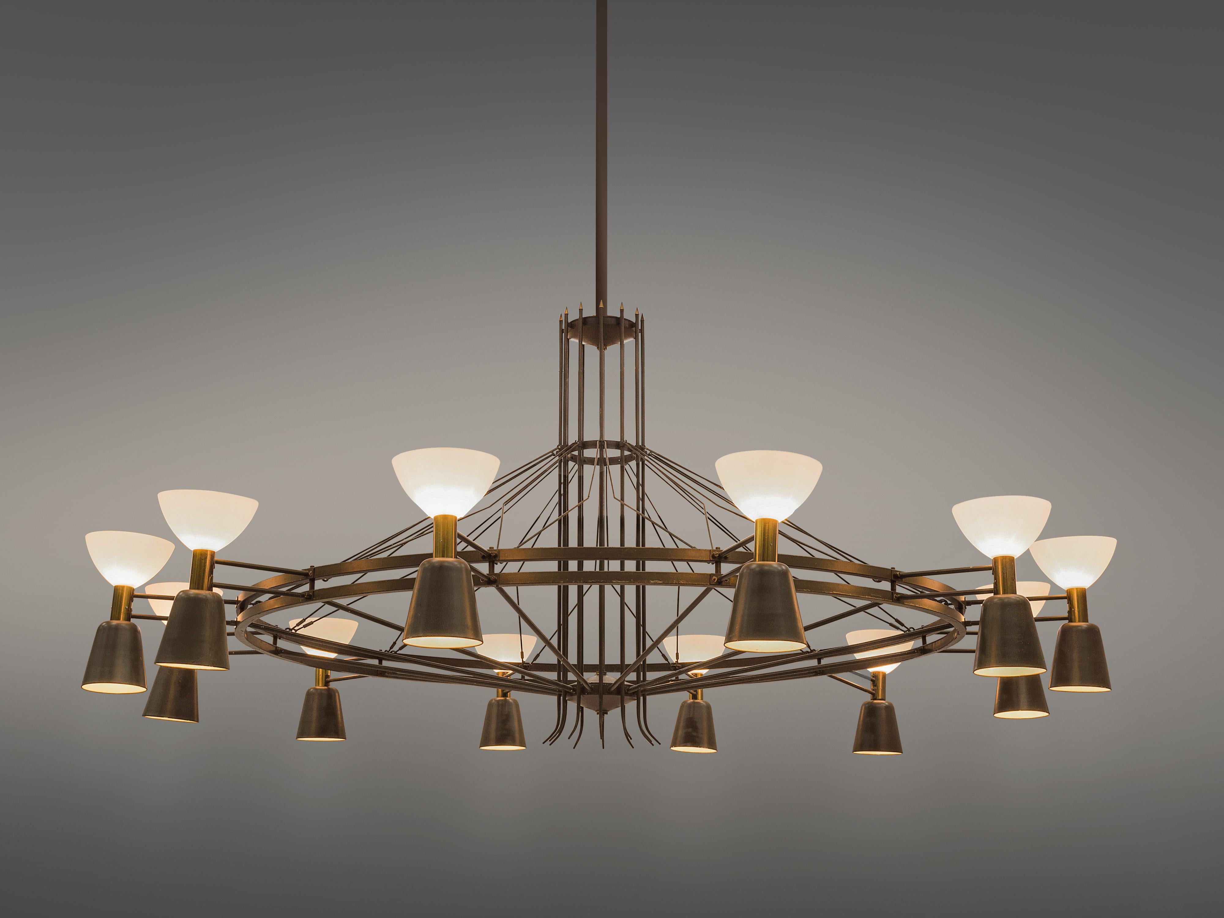 Dutch Large Chandelier in Brass and Opaline Glass 14 ft