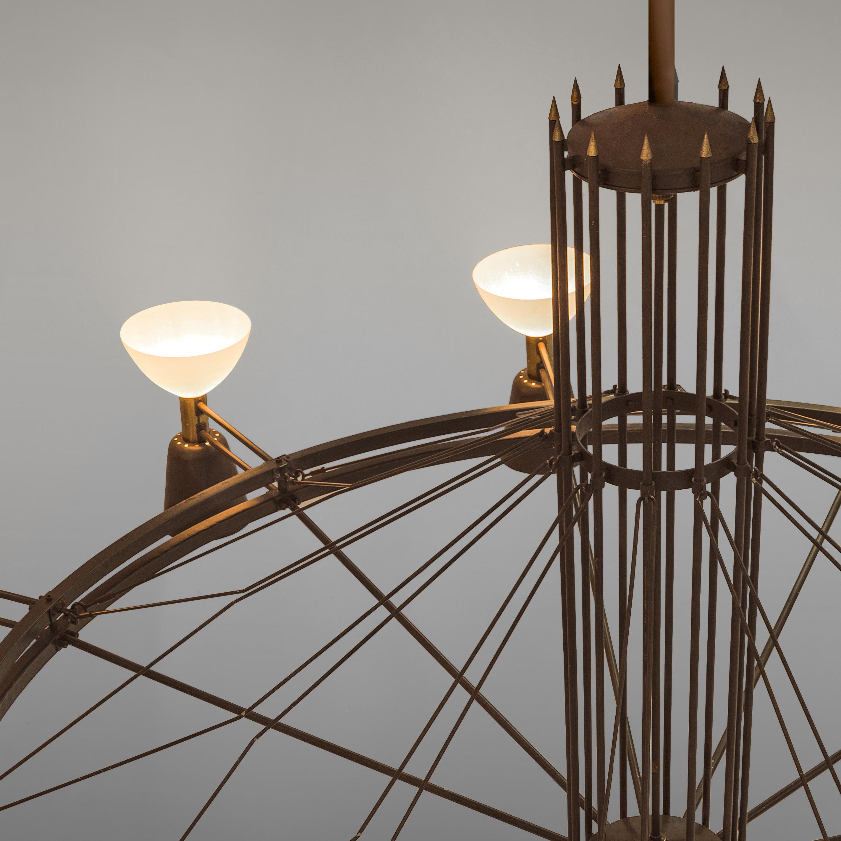 Mid-20th Century Large Chandelier in Brass and Opaline Glass 14 ft
