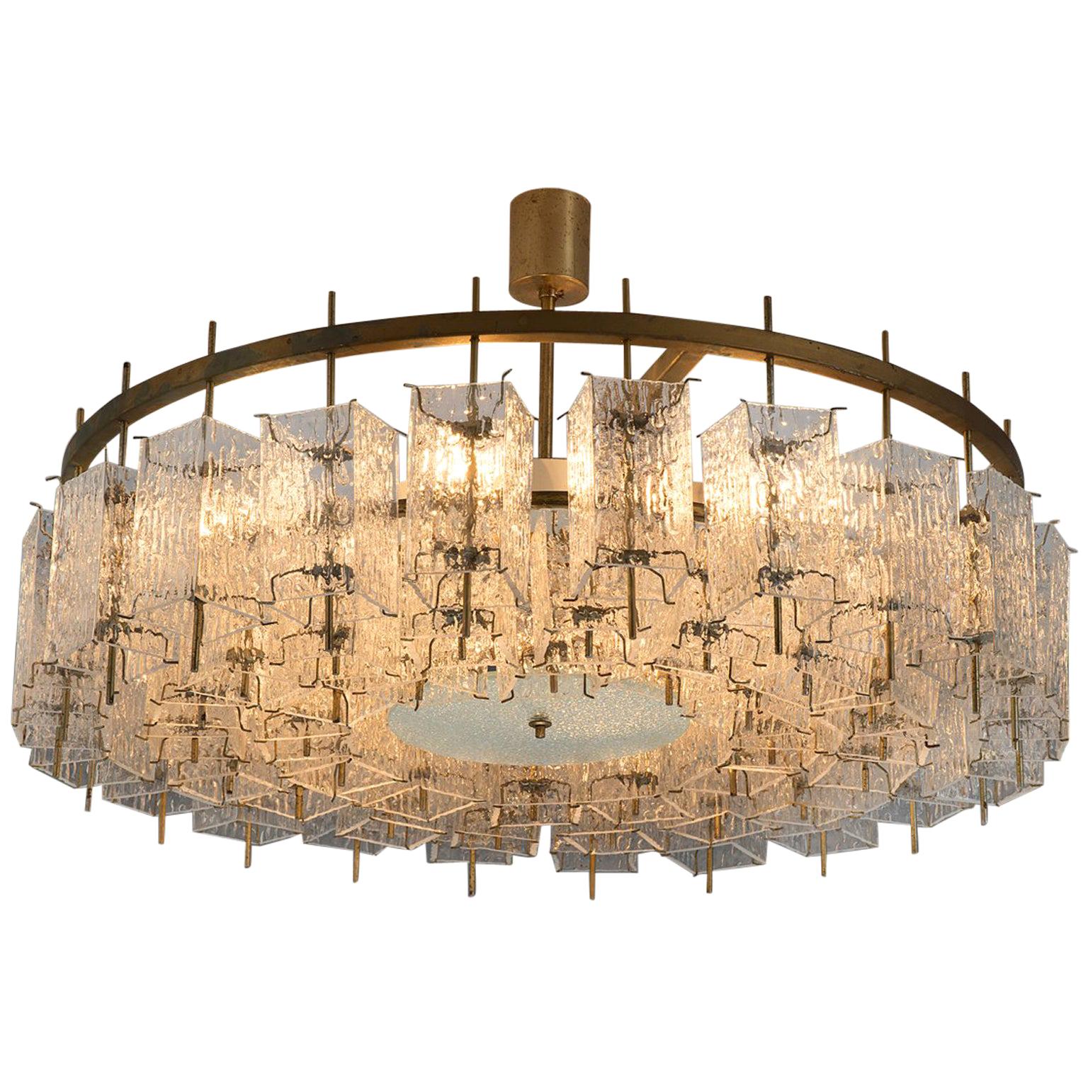 Large Chandelier in Brass and Structured Glass