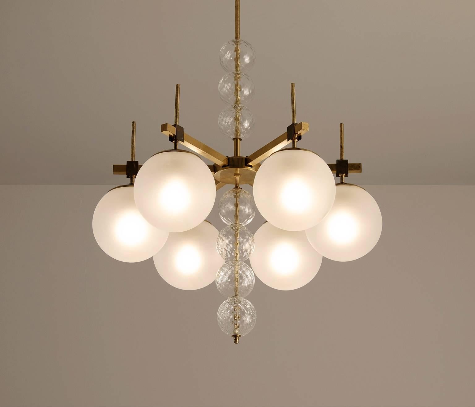 Mid-Century Modern Large Chandelier in Frosted Glass and Brass