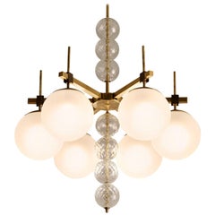 Large Chandelier in Frosted Glass and Brass