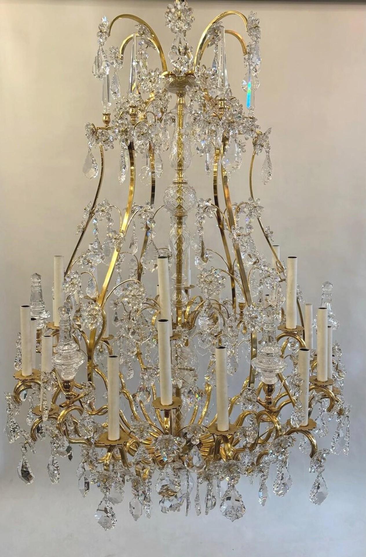 Glass Large Chandelier In Gilded Bronze And Palwa Crystal - 24 Lights - Circa 1980 For Sale