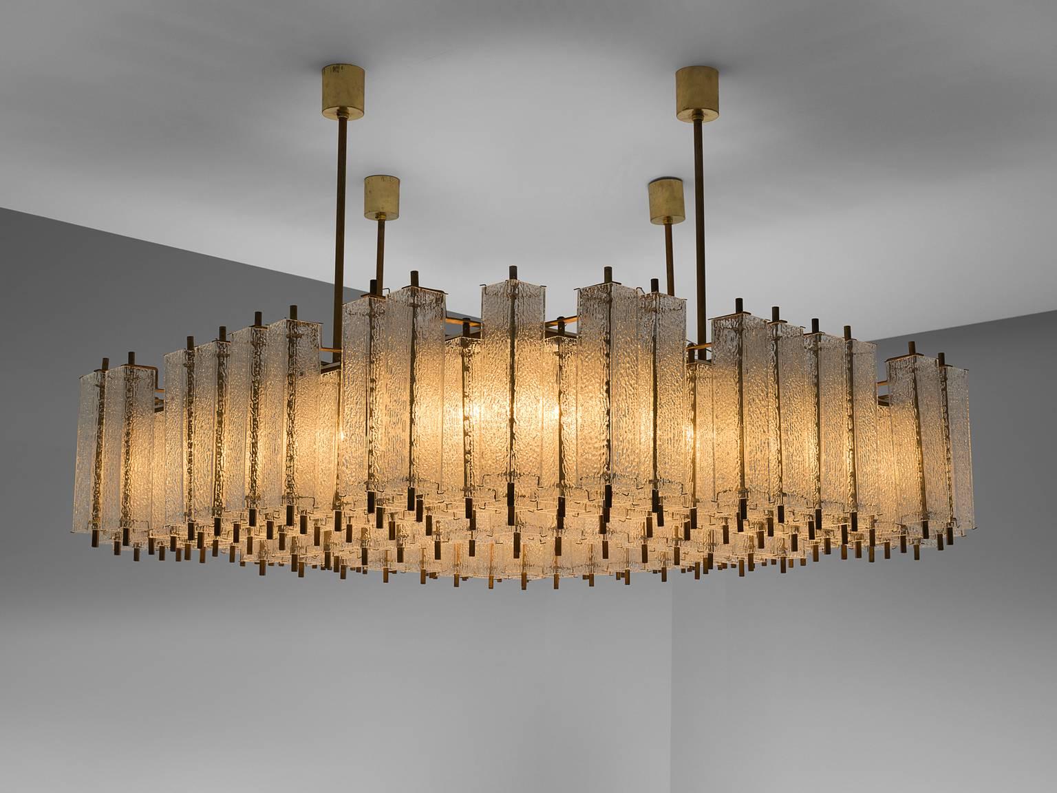 Mid-Century Modern Large Chandelier in Structured Glass and Brass