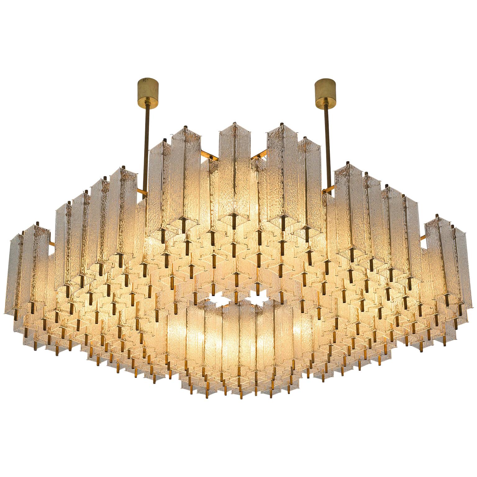 Large Chandelier in Structured Glass and Brass