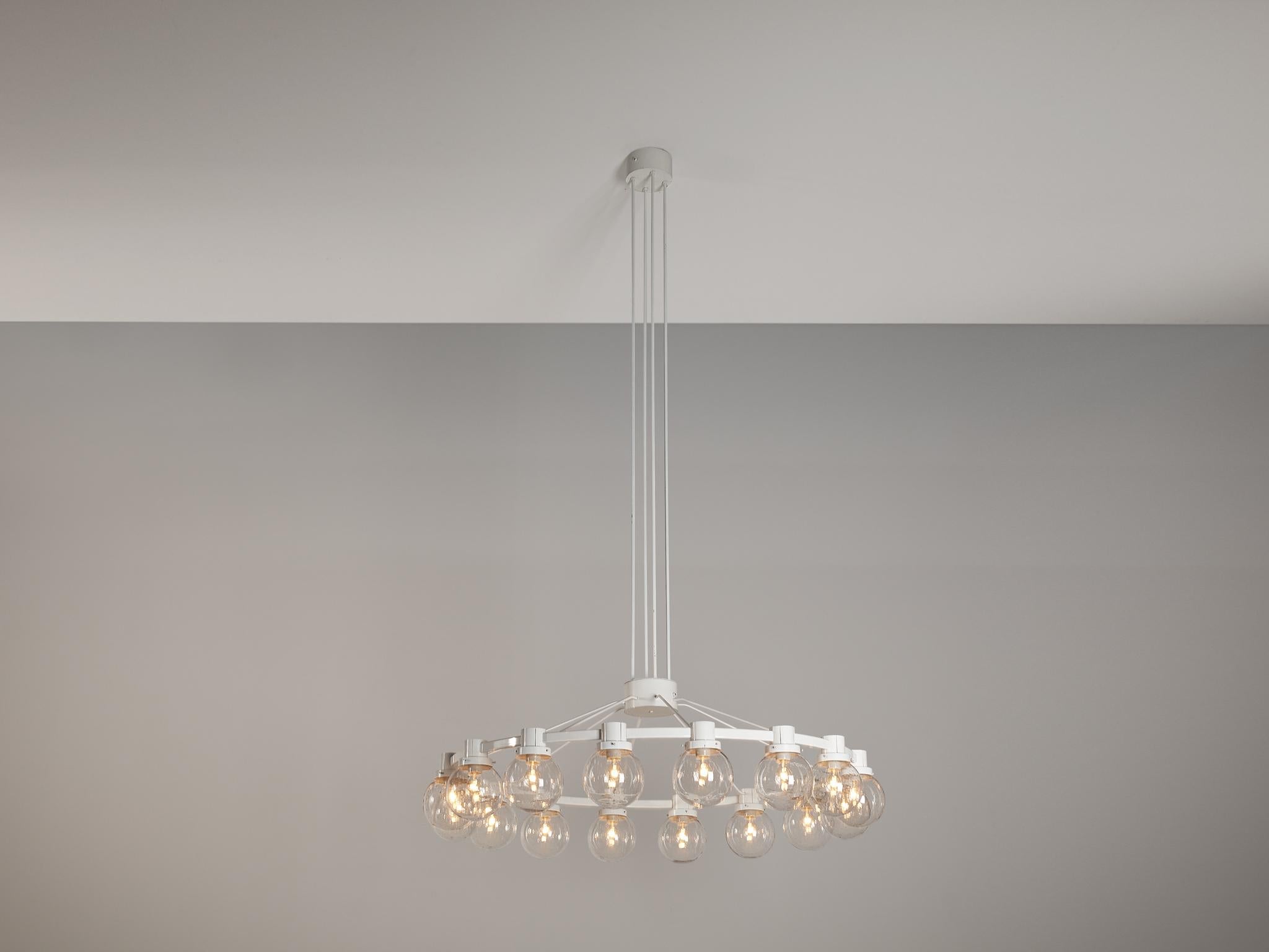 Scandinavian Large Chandelier in White Lacquered Metal with Hand Blown Glass Globes  For Sale