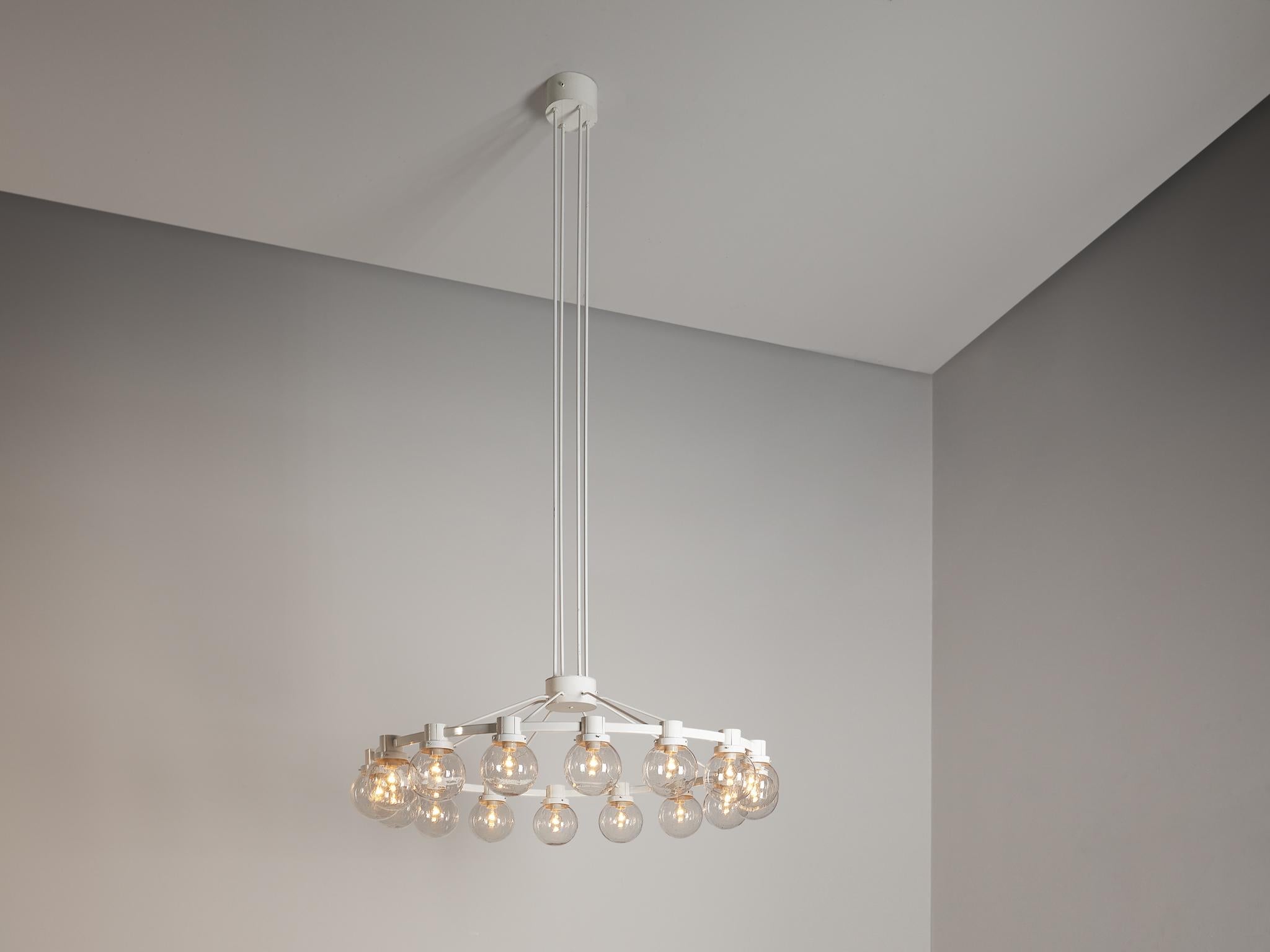 Mid-20th Century Large Chandelier in White Lacquered Metal with Hand Blown Glass Globes  For Sale