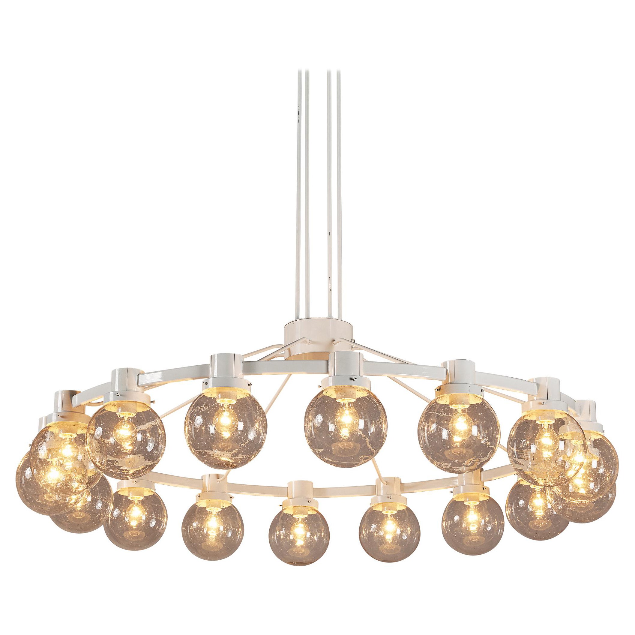 Large Chandelier in White Lacquered Metal with Hand Blown Glass Globes