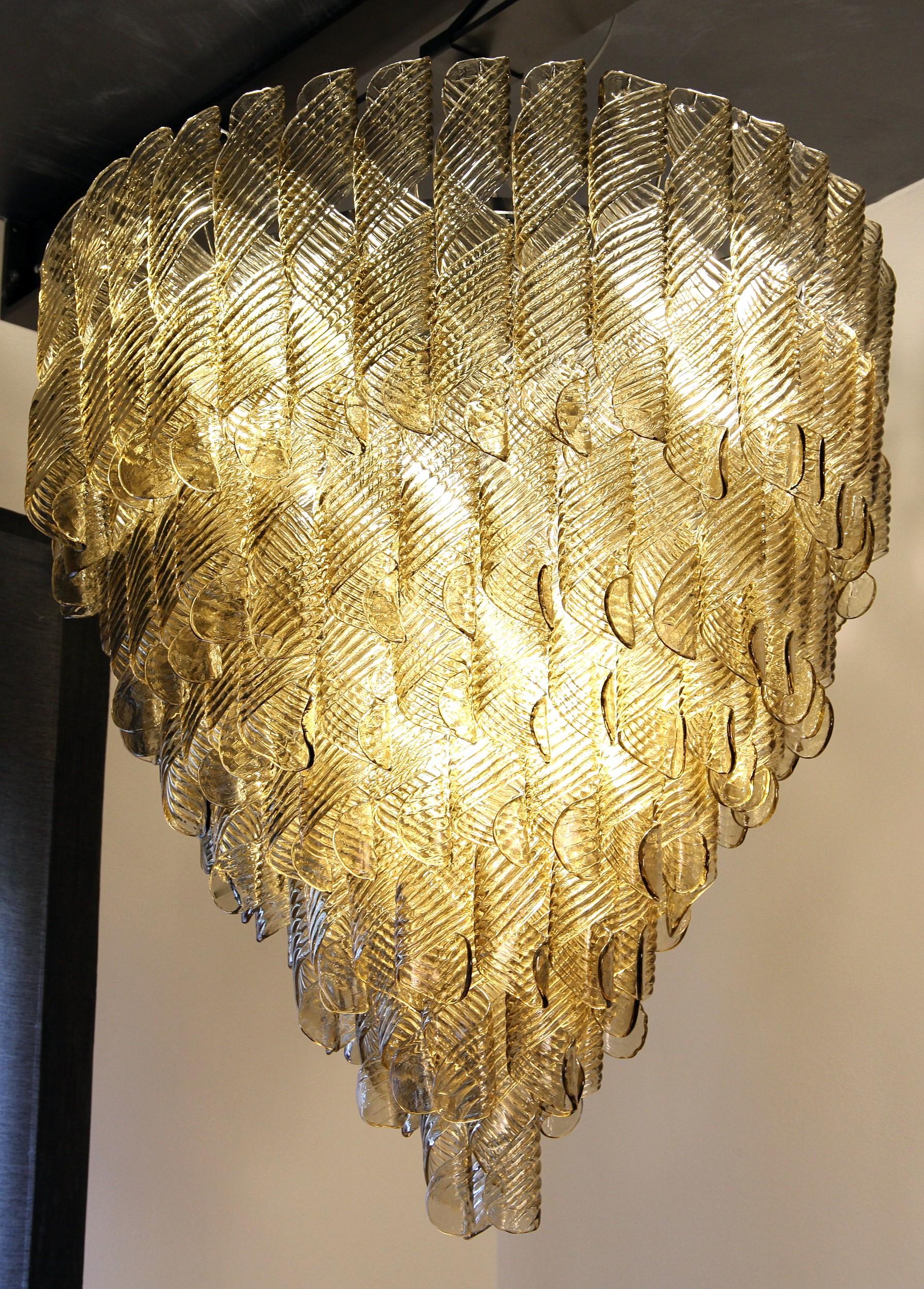 Large Chandelier, Murano Light Fume Glass in Oval Spiral Ribbed Elements 7 Tiers 7