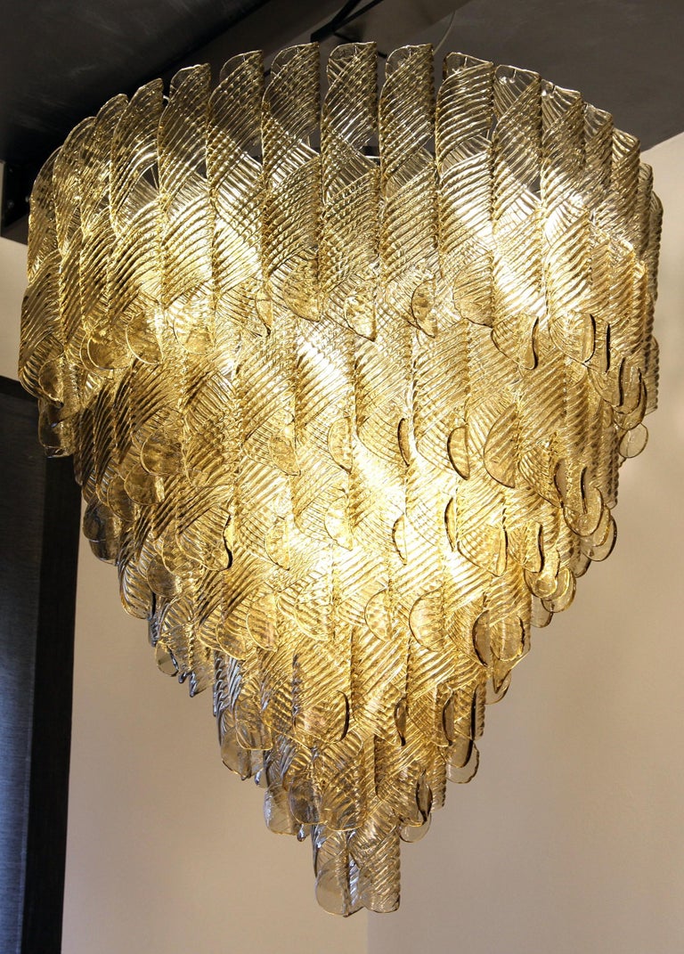 Large Chandelier, Murano Light Fume Glass in Oval Spiral Ribbed