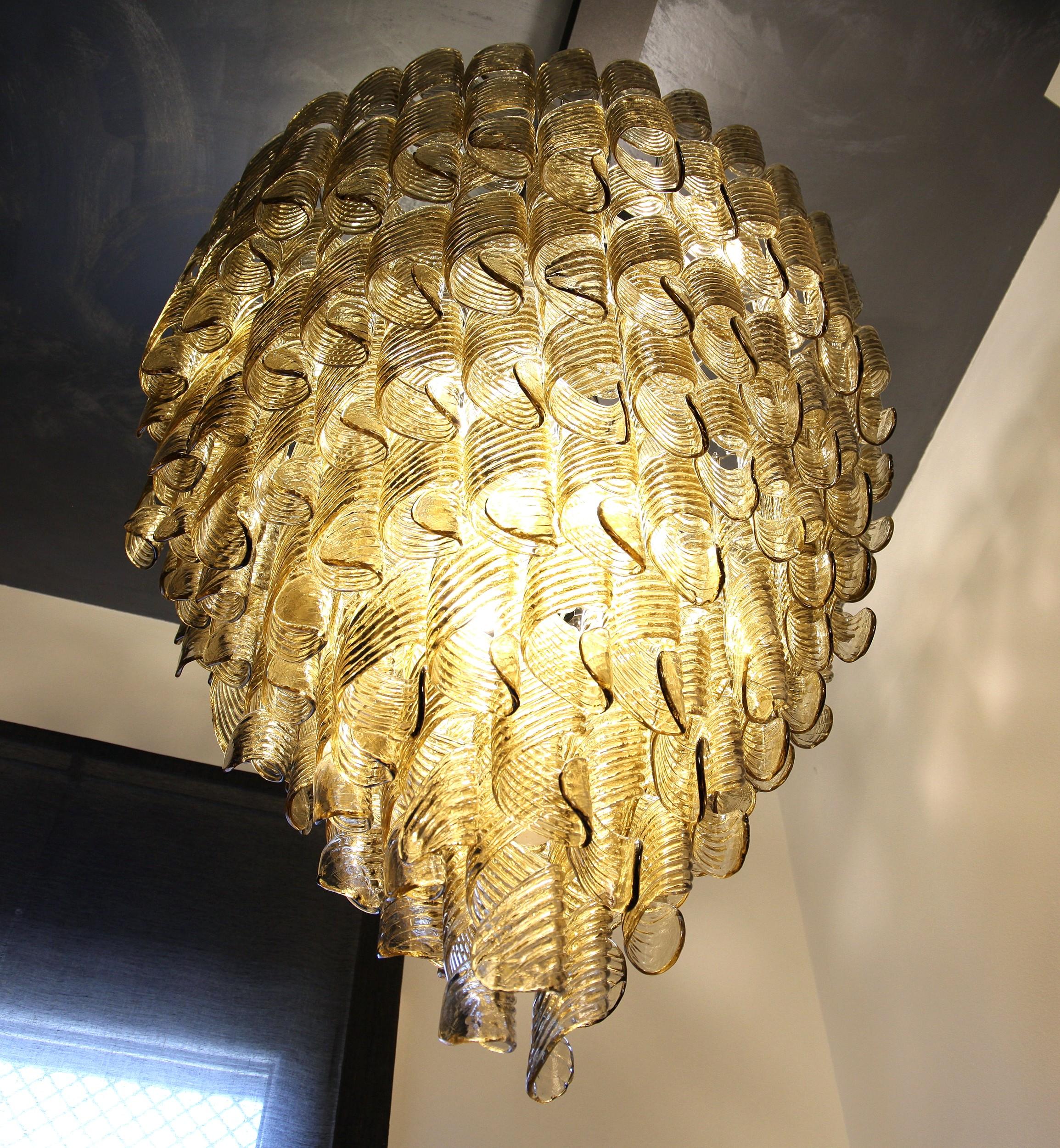 Mid-Century Modern Large Chandelier, Murano Light Fume Glass in Oval Spiral Ribbed Elements 7 Tiers