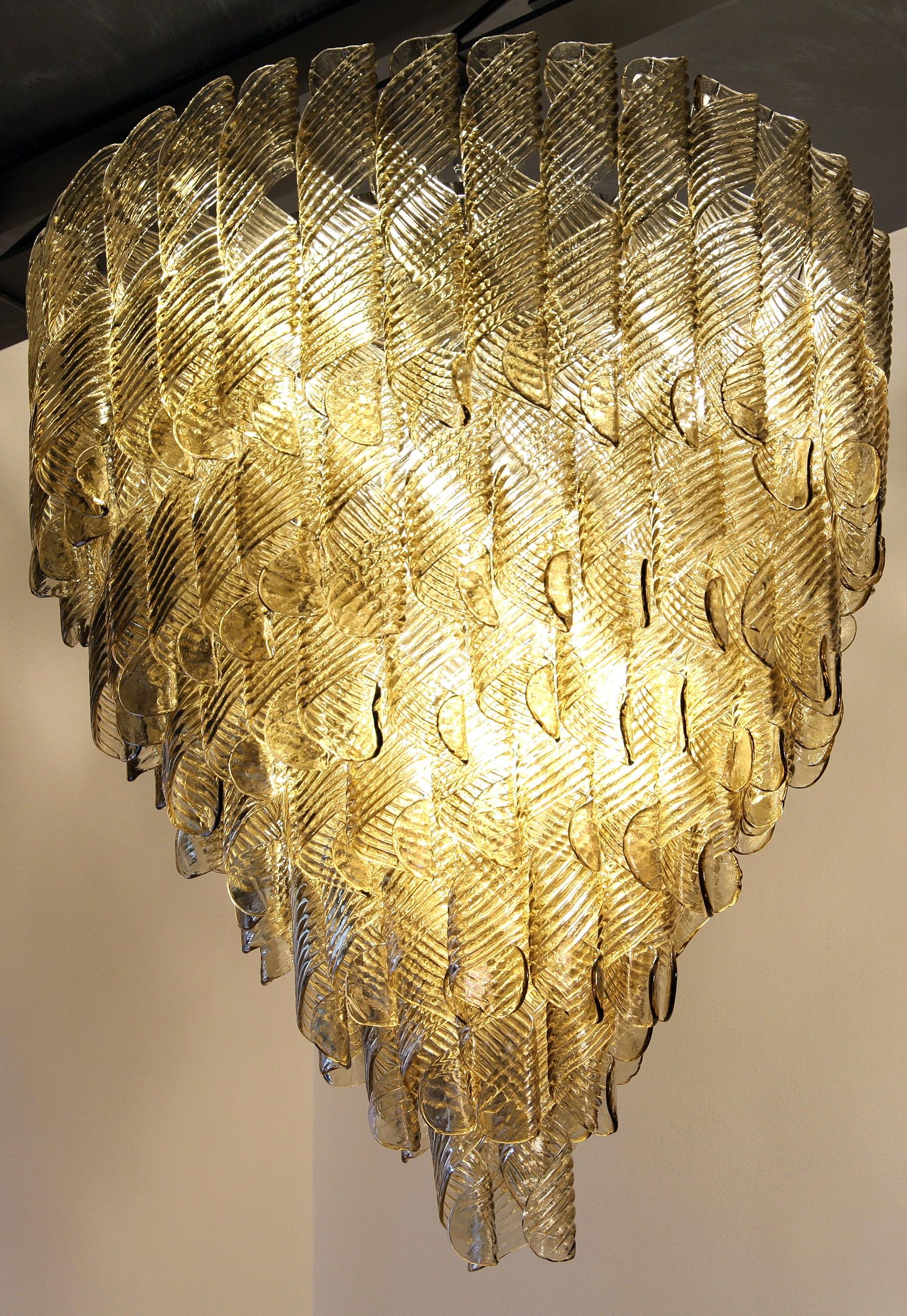 Art Glass Large Chandelier, Murano Light Fume Glass in Oval Spiral Ribbed Elements 7 Tiers