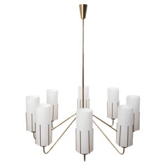 Large Chandelier, Opaline Frosted White Milk Plexiglass Acrylic Brass, 1960s